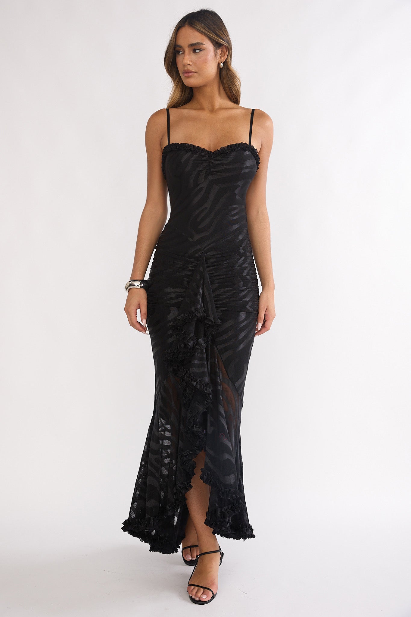 Everine Ruched Frill Trim Maxi Dress Black-Fable Dress