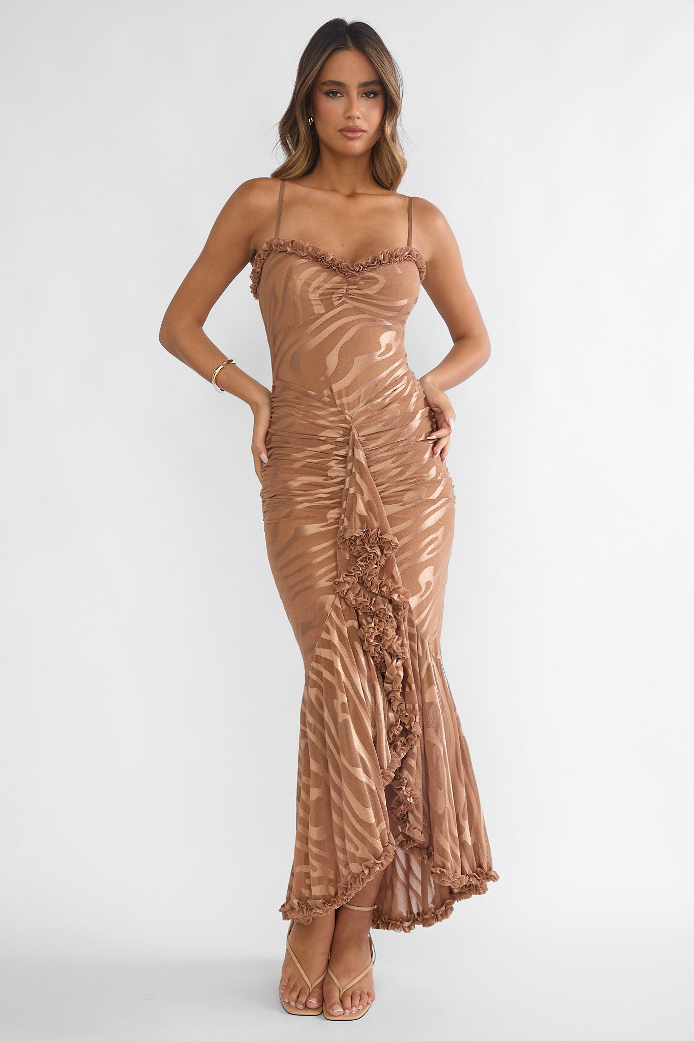Everine Ruched Frill Trim Maxi Dress Mocha-Fable Dress