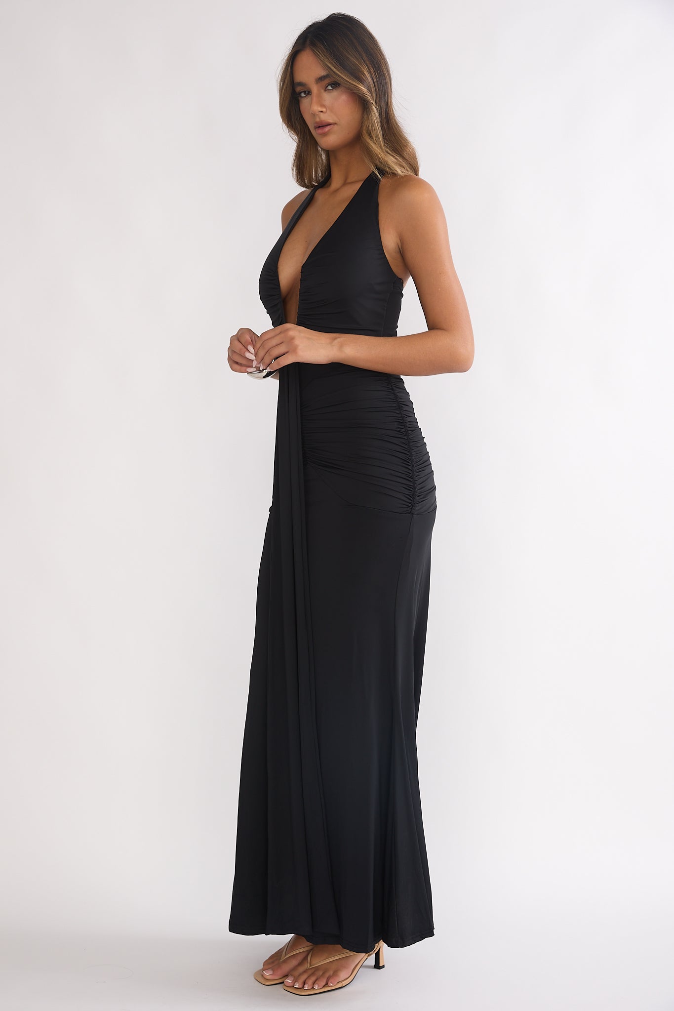 Brienna Halter Ruched Maxi Dress Black-Fable Dress