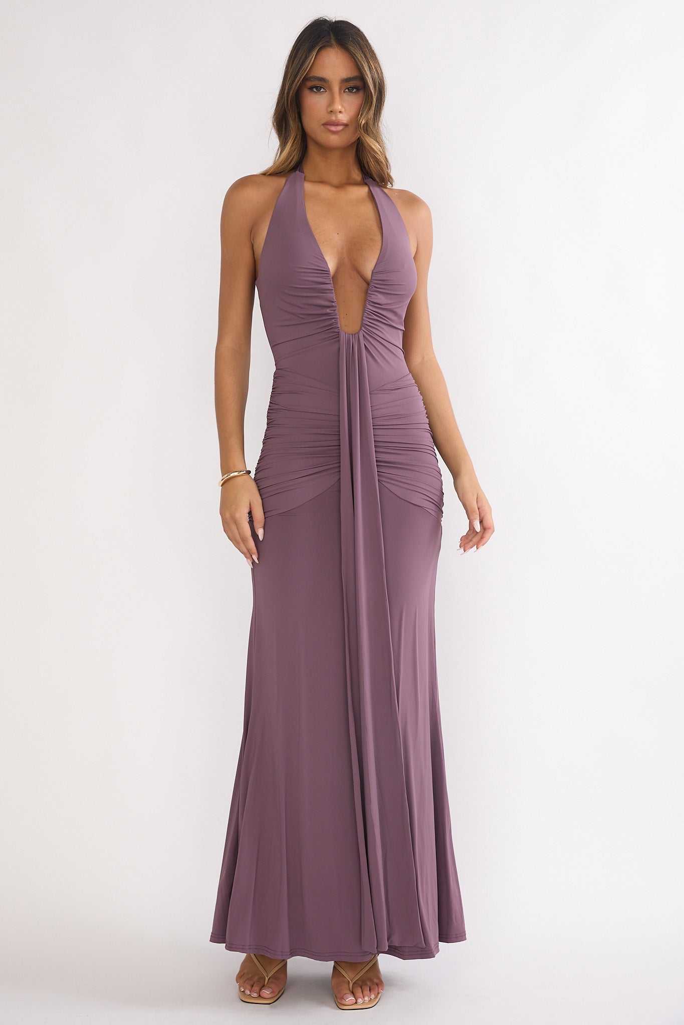 Brienna Halter Ruched Maxi Dress Mauve-Fable Dress