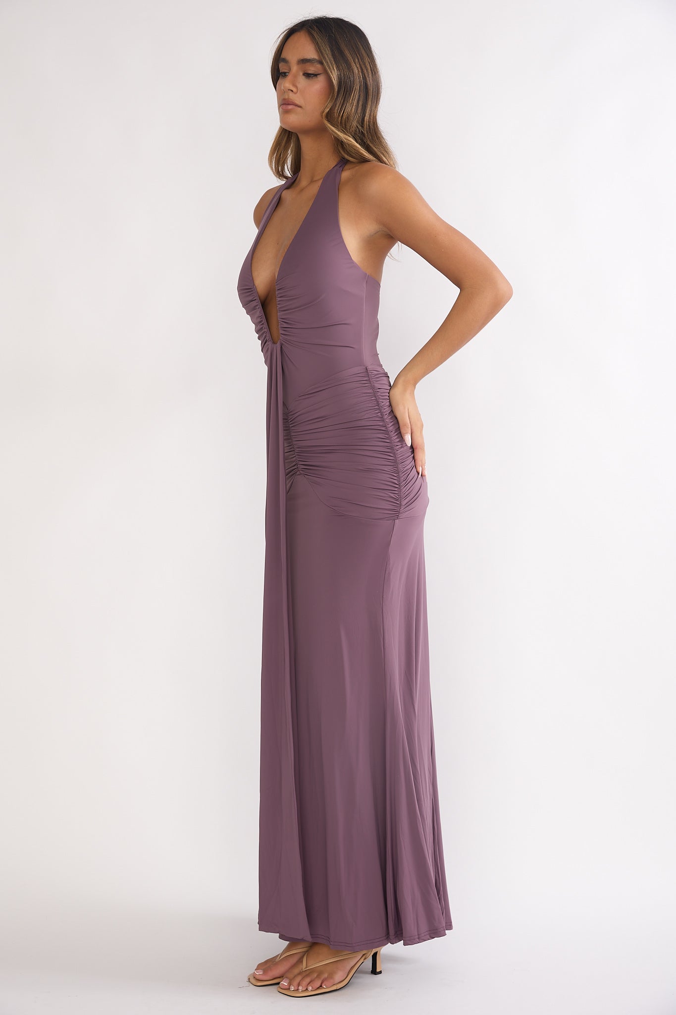 Brienna Halter Ruched Maxi Dress Mauve-Fable Dress