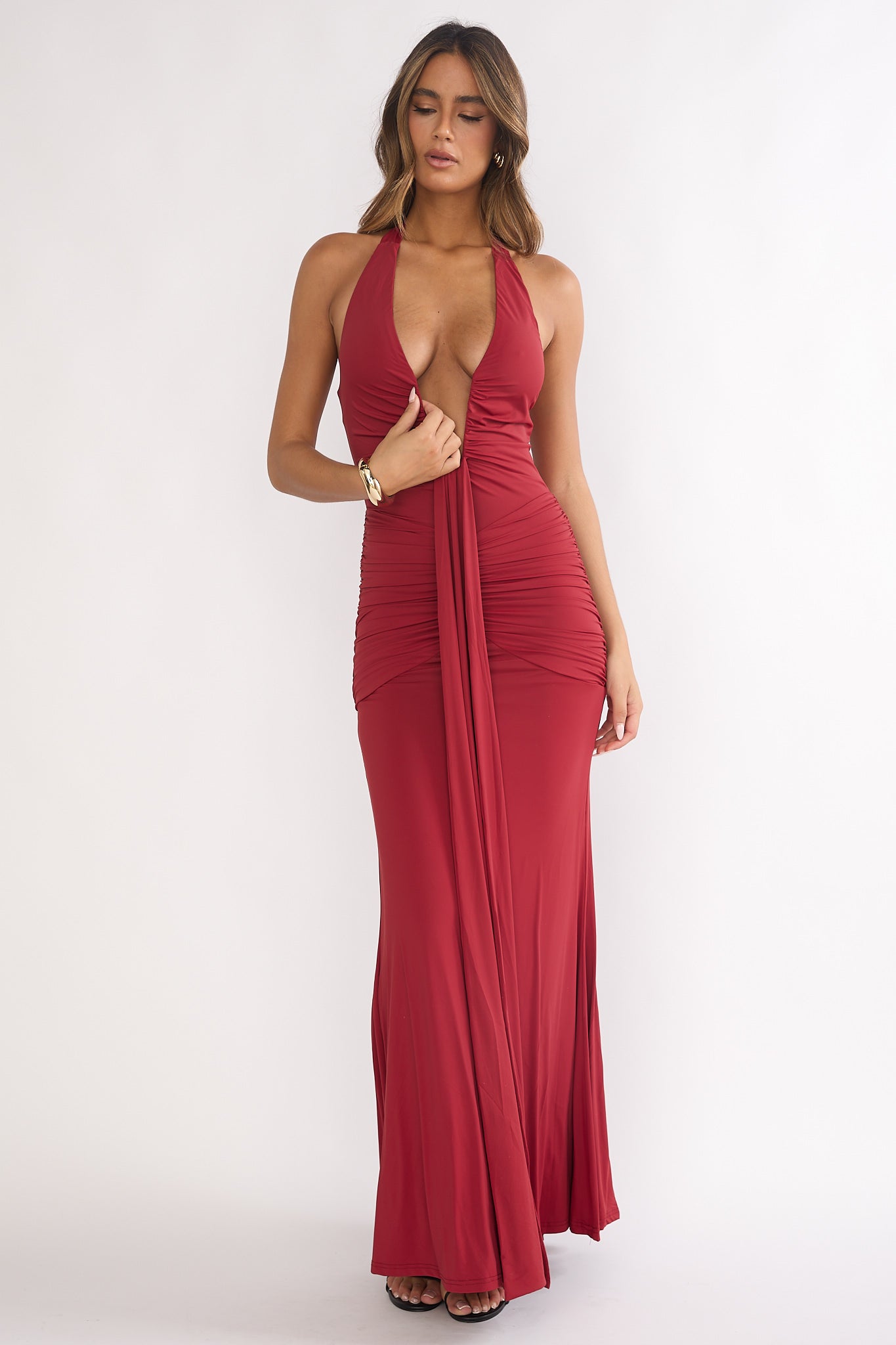 Brienna Halter Ruched Maxi Dress Wine-Fable Dress