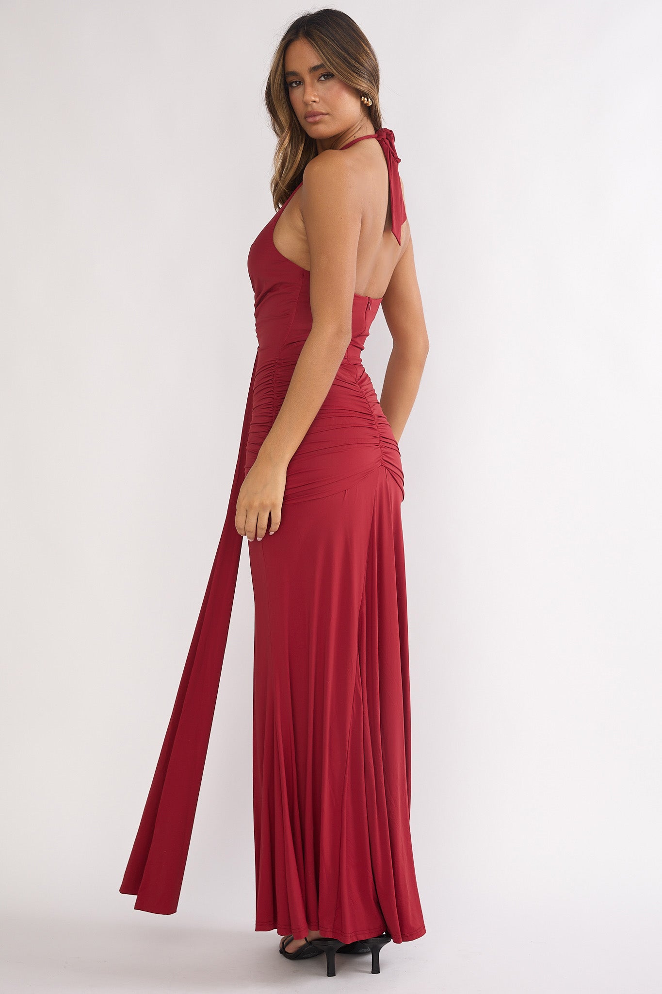 Brienna Halter Ruched Maxi Dress Wine-Fable Dress