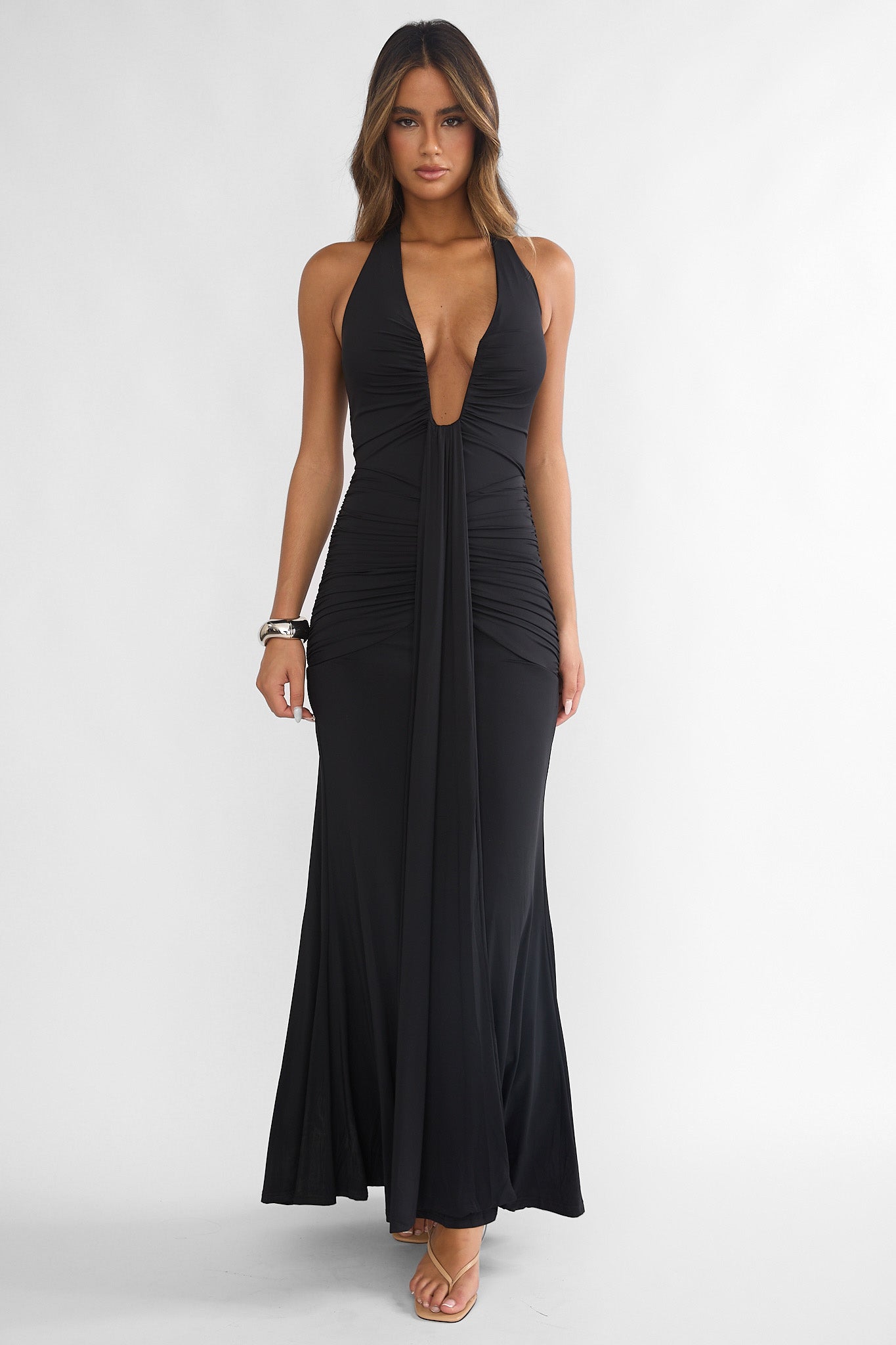 Brienna Halter Ruched Maxi Dress Black-Fable Dress