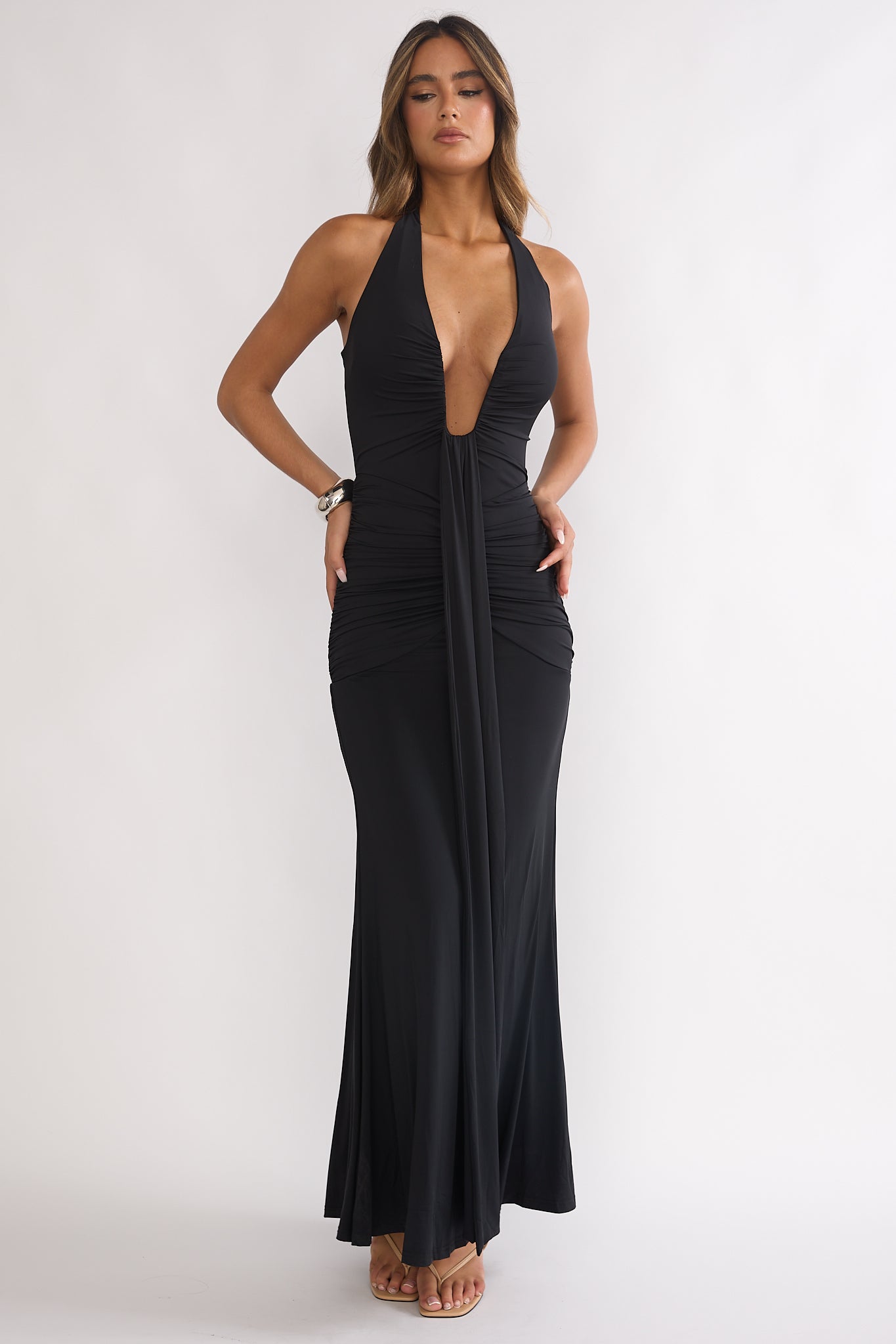 Brienna Halter Ruched Maxi Dress Black-Fable Dress
