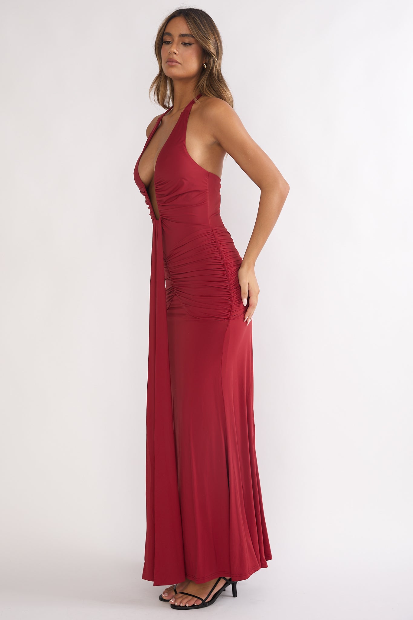 Brienna Halter Ruched Maxi Dress Wine-Fable Dress
