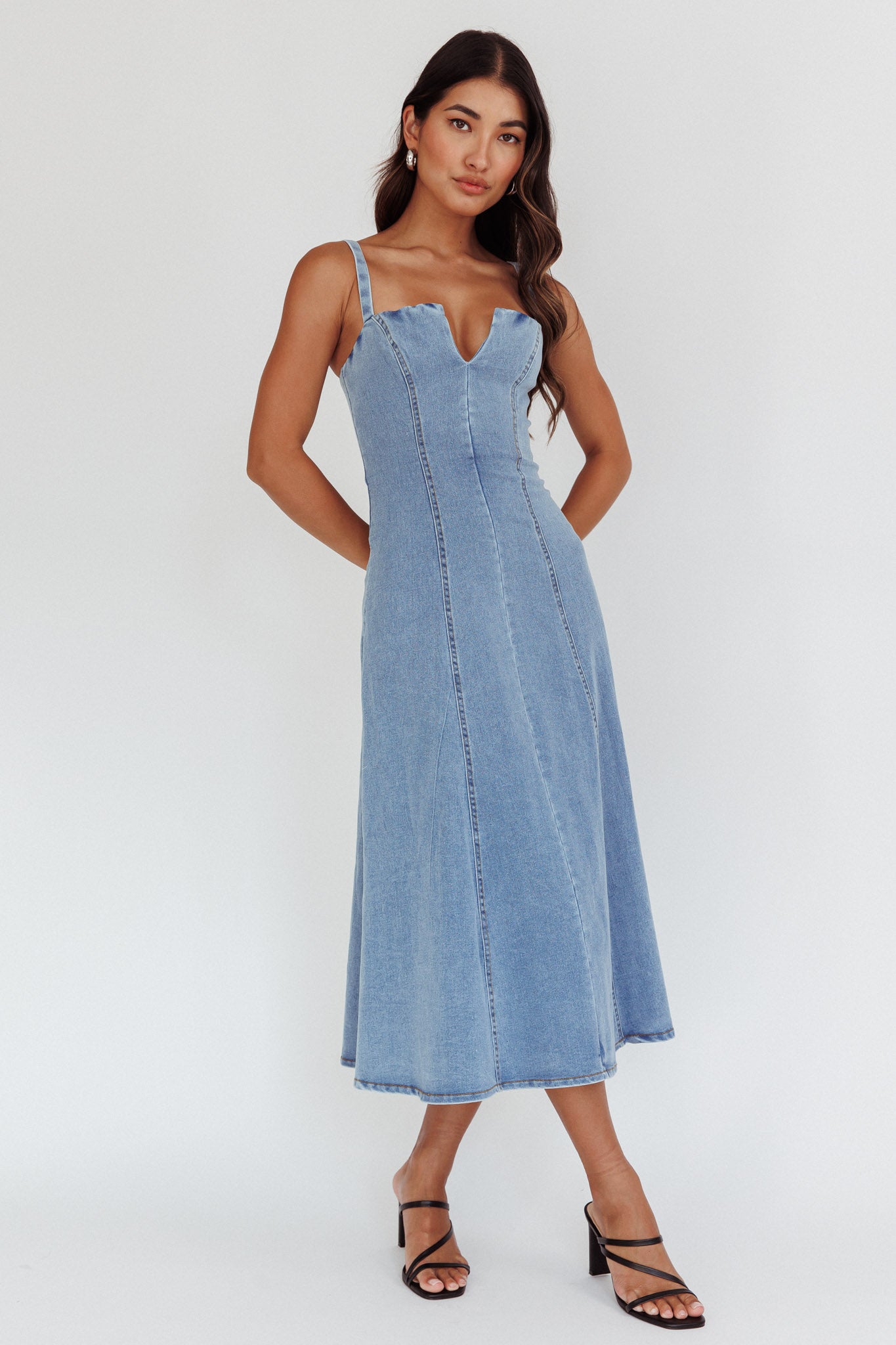 Catch My Drift A-Line Midi Dress Denim Blue-Fable Dress