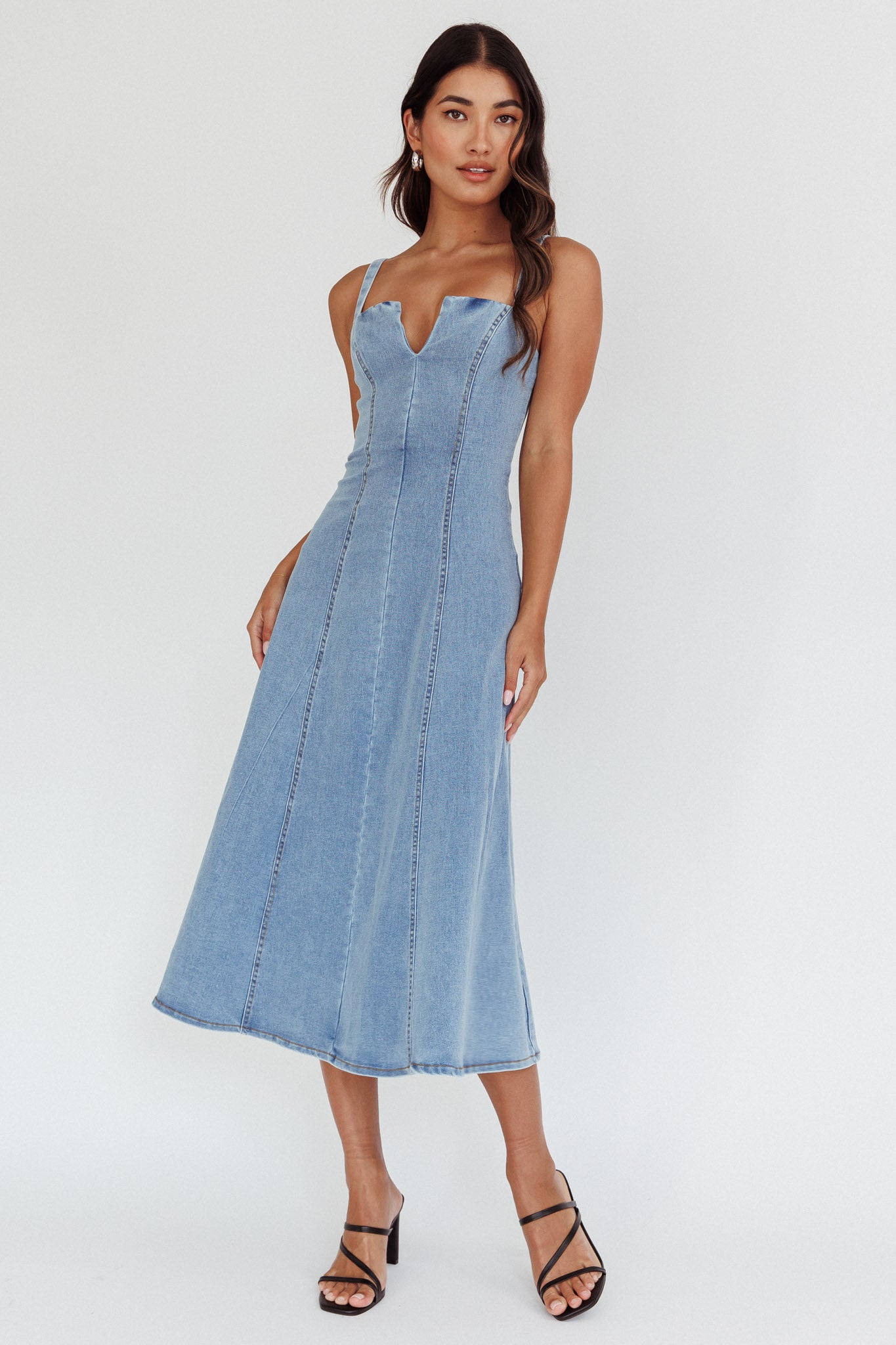 Catch My Drift A-Line Midi Dress Denim Blue-Fable Dress