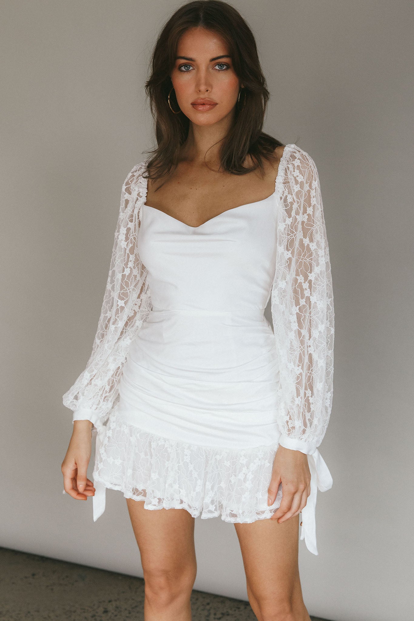 With Love Long Sleeve Lace Mini Dress White-Fable Dress