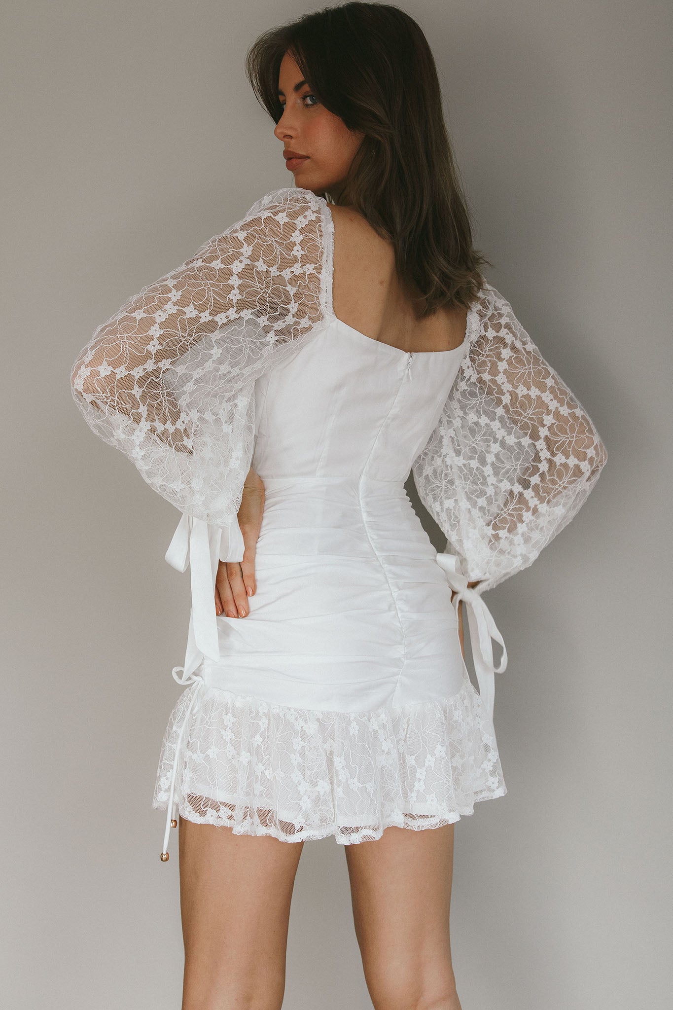 With Love Long Sleeve Lace Mini Dress White-Fable Dress