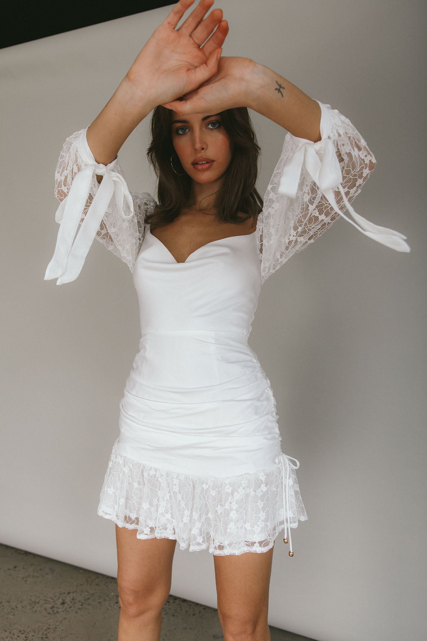 With Love Long Sleeve Lace Mini Dress White-Fable Dress