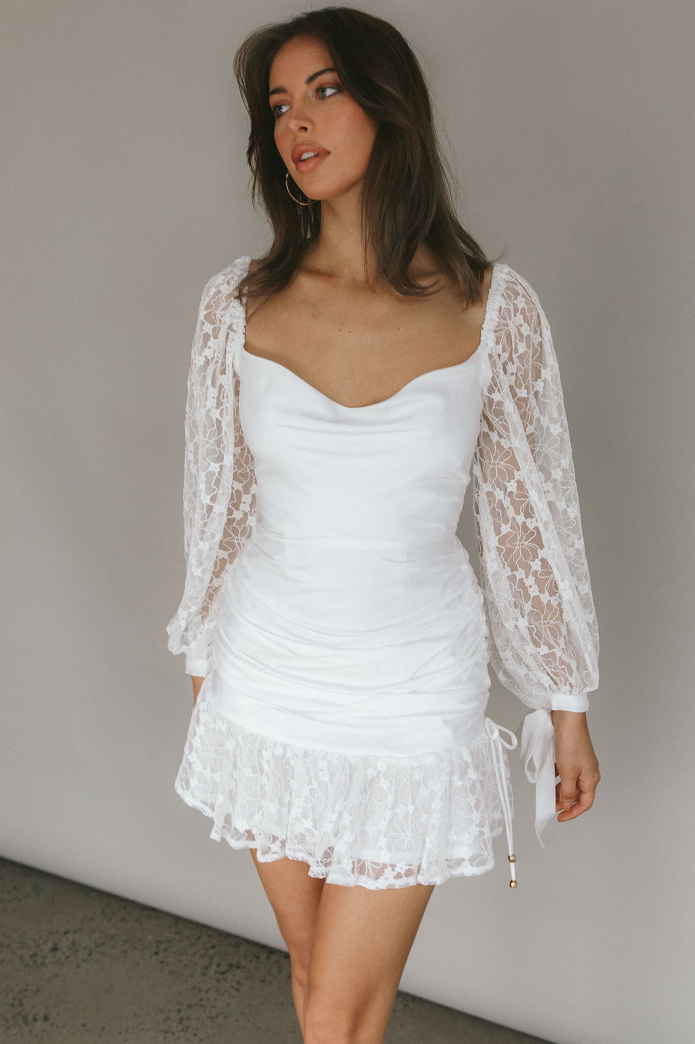 With Love Long Sleeve Lace Mini Dress White-Fable Dress