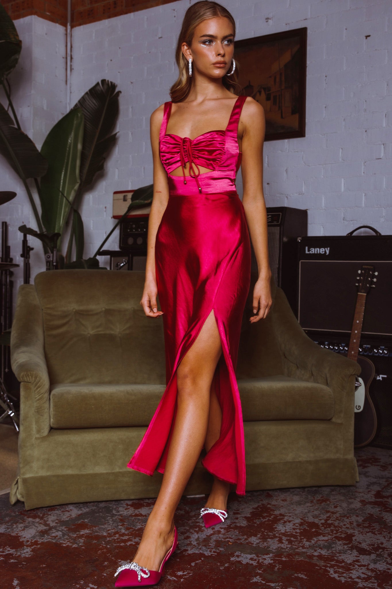 Belle Epoque Drawstring Bust Midi Dress Hot Pink-Fable Dress