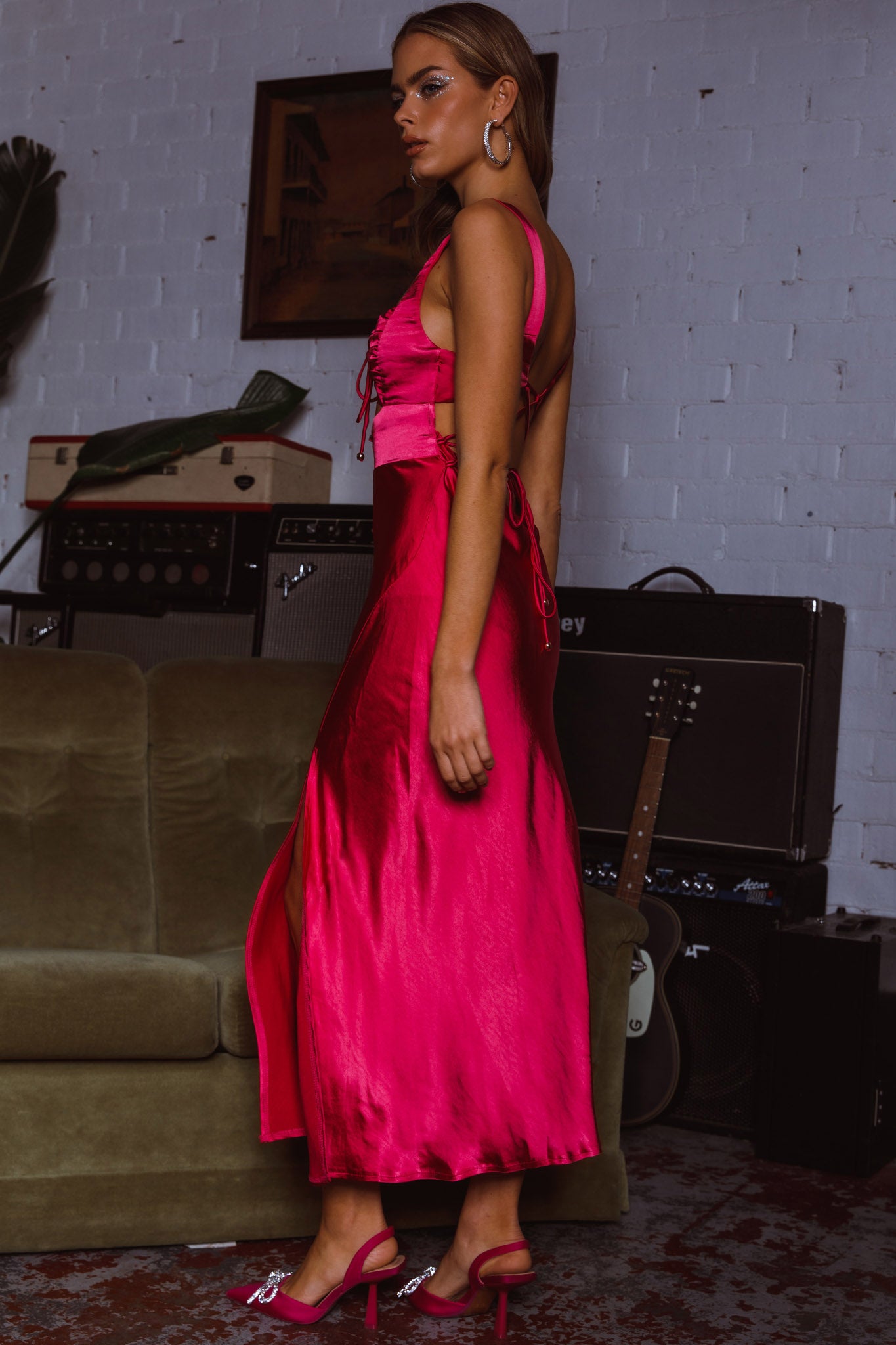 Belle Epoque Drawstring Bust Midi Dress Hot Pink-Fable Dress