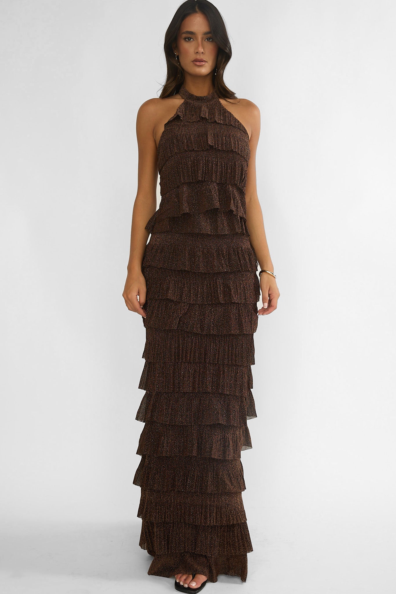 Kaelia Tiered Halter Maxi Dress Sparkle Brown-Fable Dress