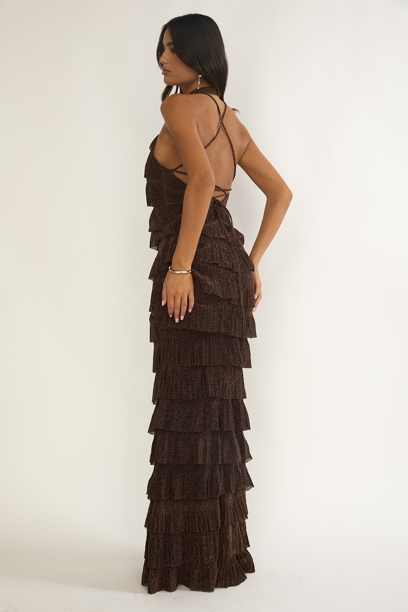 Kaelia Tiered Halter Maxi Dress Sparkle Brown-Fable Dress