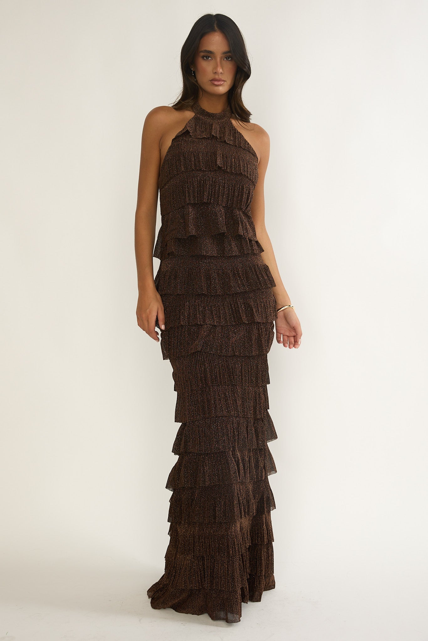 Kaelia Tiered Halter Maxi Dress Sparkle Brown-Fable Dress