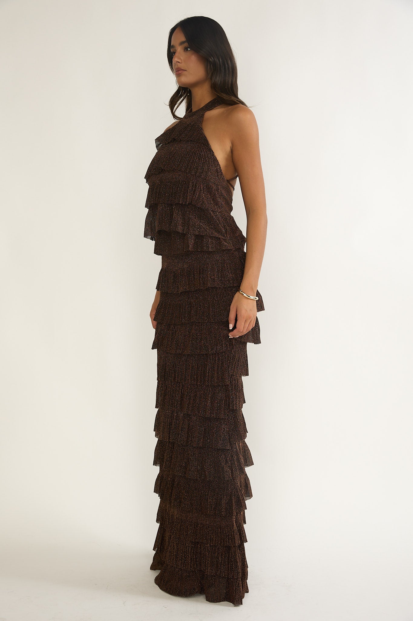 Kaelia Tiered Halter Maxi Dress Sparkle Brown-Fable Dress