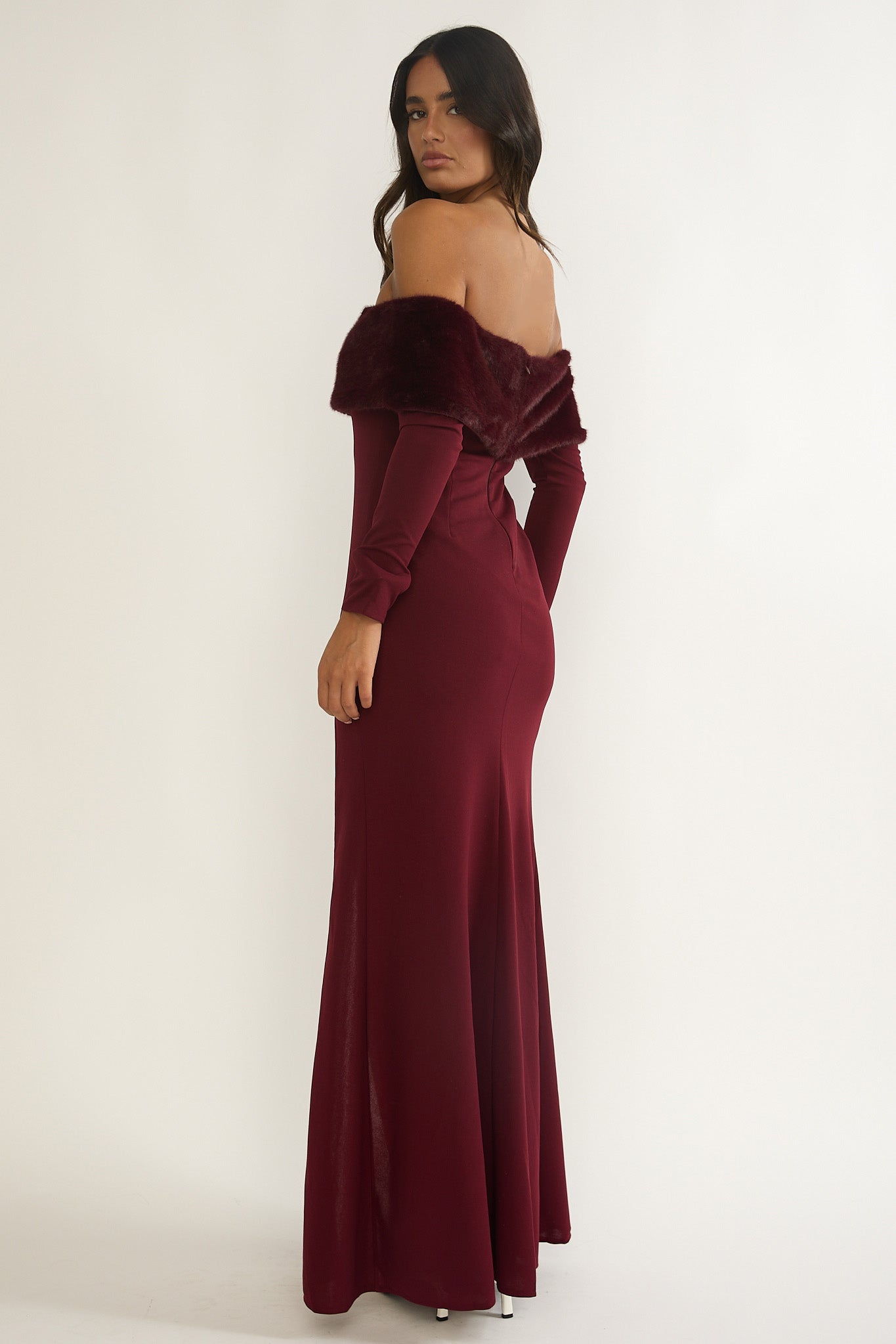 Noella Off-Shoulder Fur Trim Maxi Dress Wine-Fable Dress