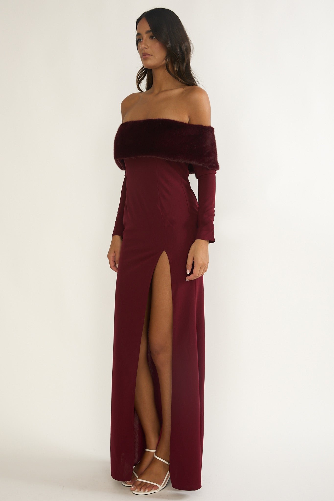 Noella Off-Shoulder Fur Trim Maxi Dress Wine-Fable Dress