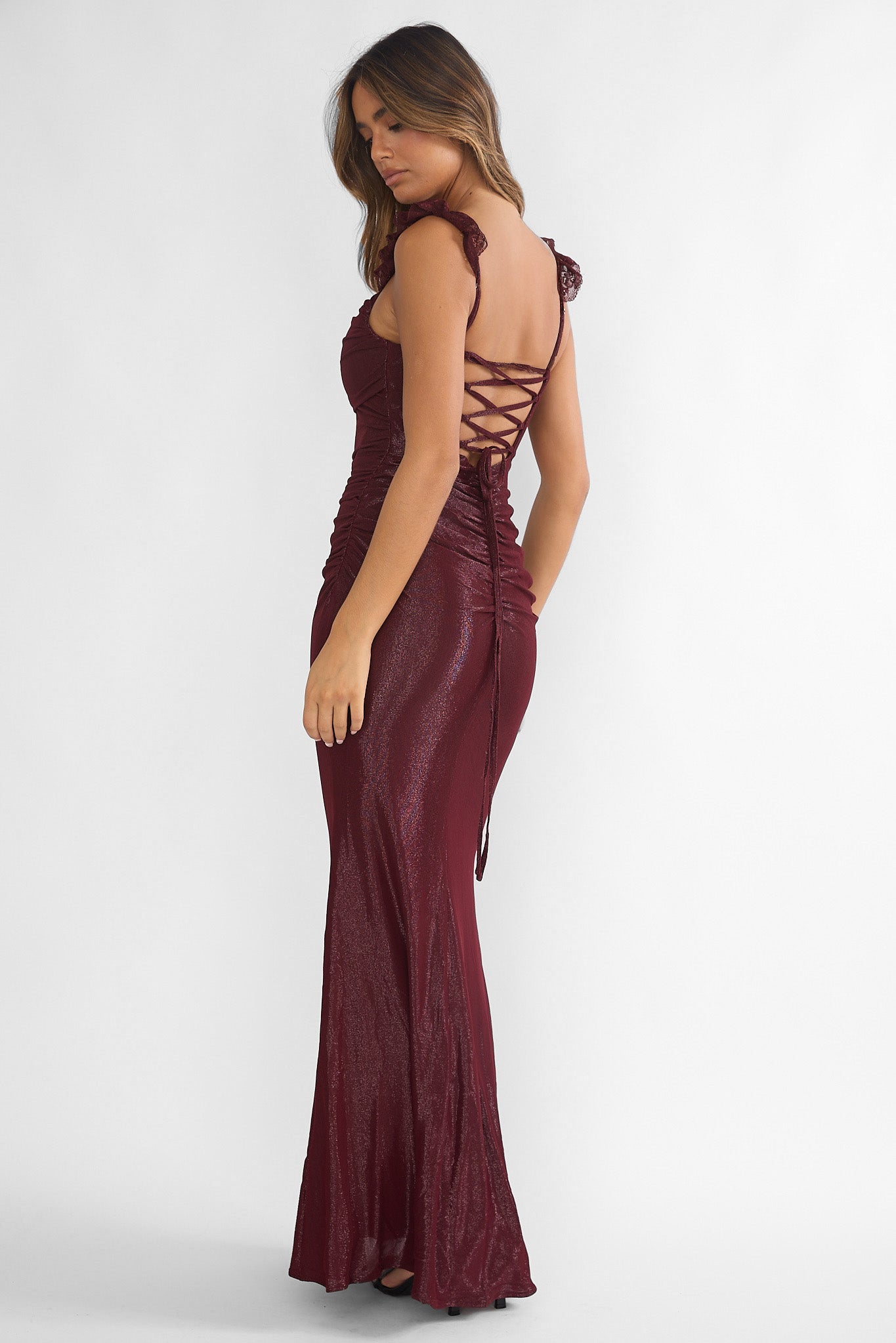 Valara Lace-Up Back Maxi Dress Wine-Fable Dress