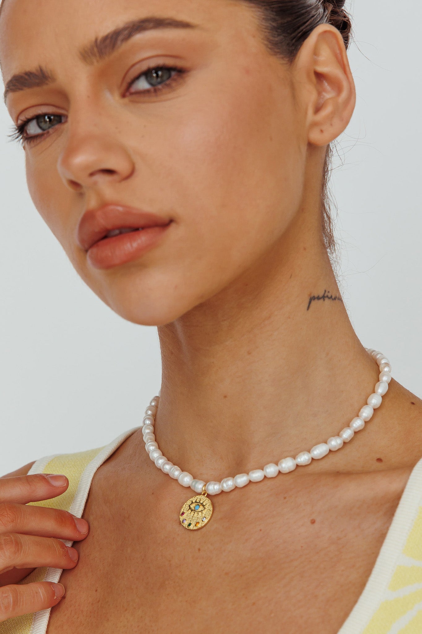 Evil Eye Freshwater Pearl Necklace Gold-Fable Dress