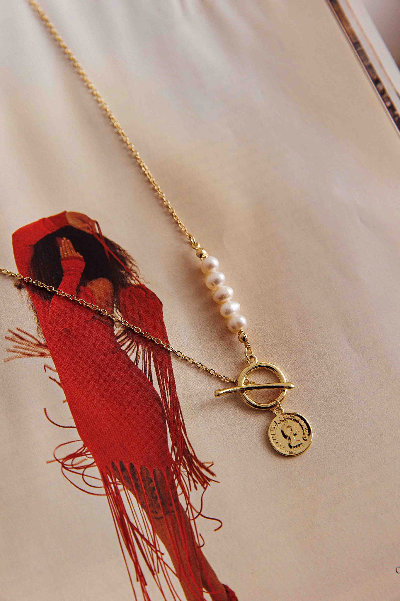 Meliza Pearl & Coin Necklace Gold-Fable Dress