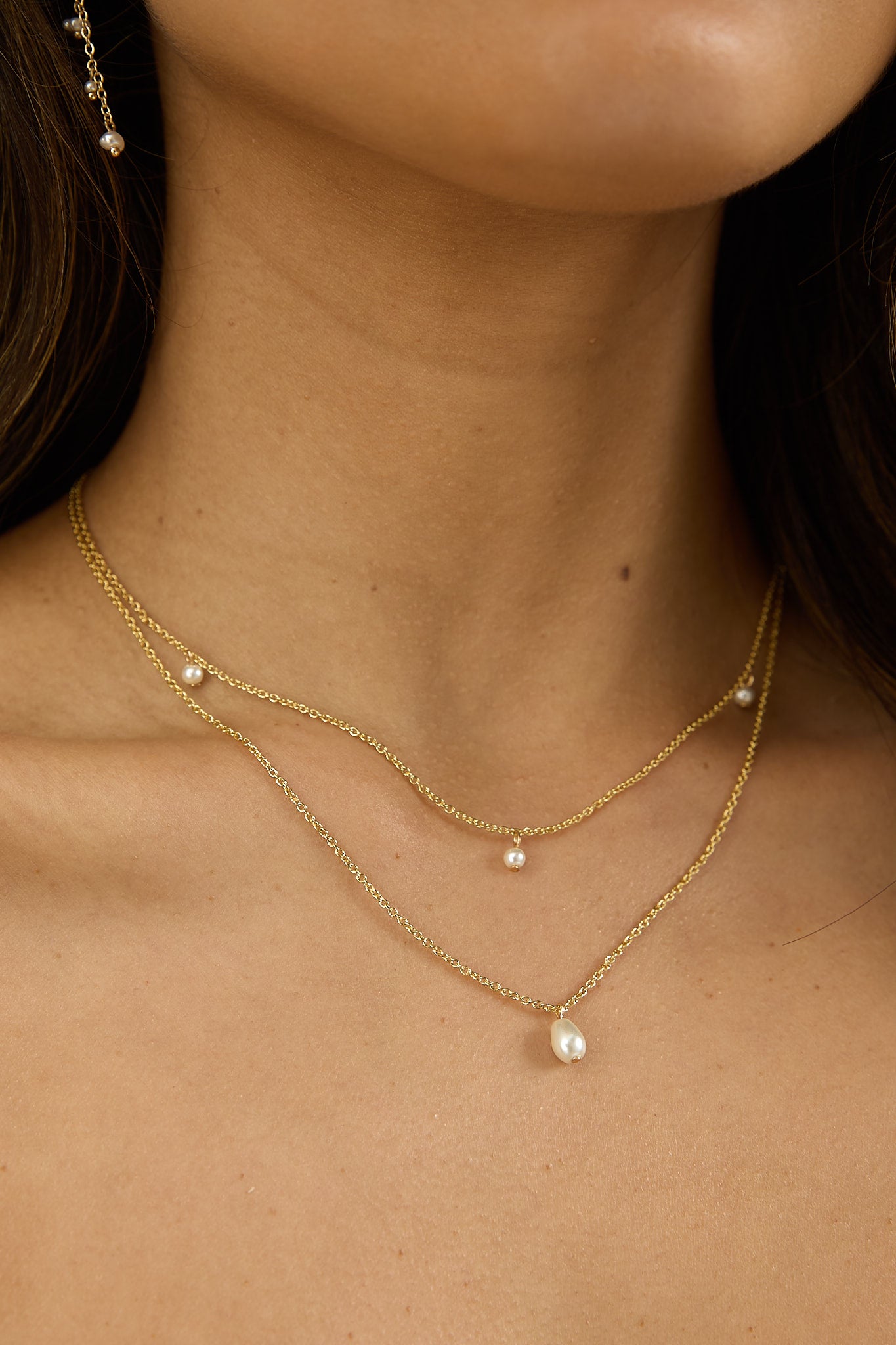 Hollis Double Strand Droplet Necklace Gold/Pearl-Fable Dress