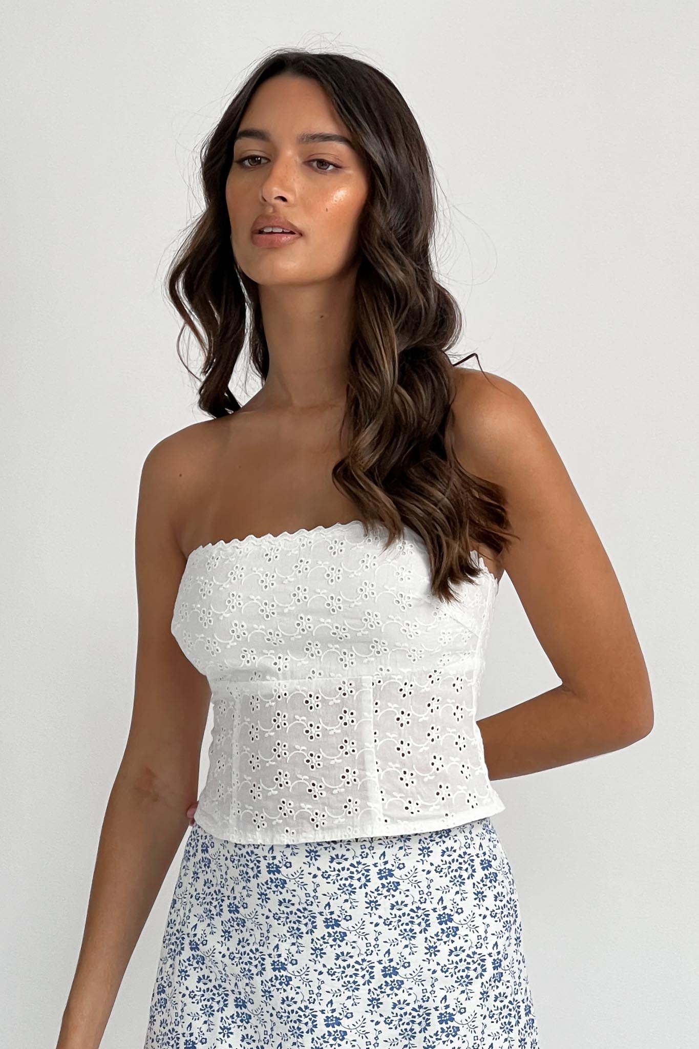 Maggie Eyelet Embroidery Strapless Top Ivory-Fable Dress