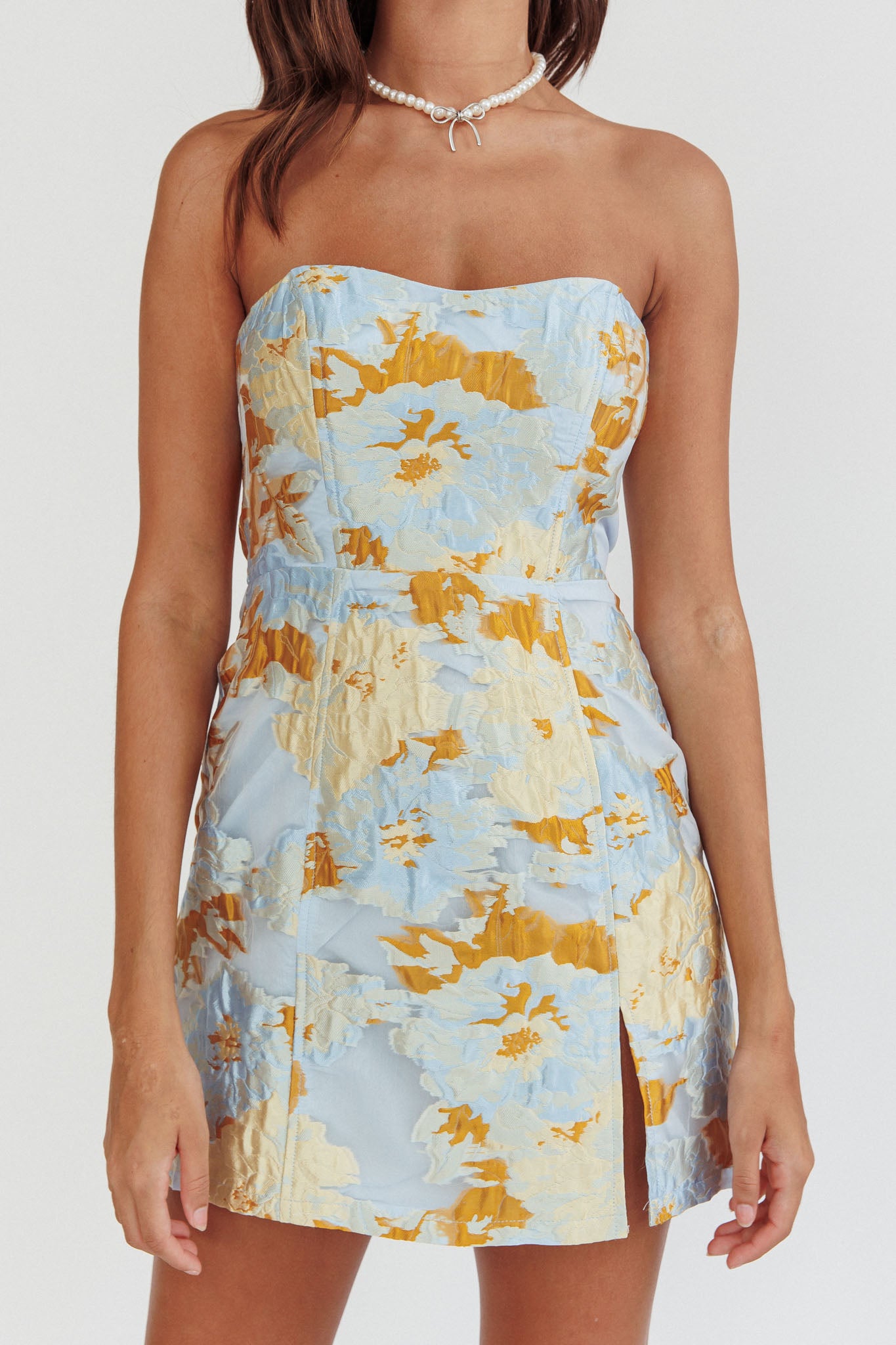Marlina Strapless Jacquard Mini Dress Blue-Fable Dress