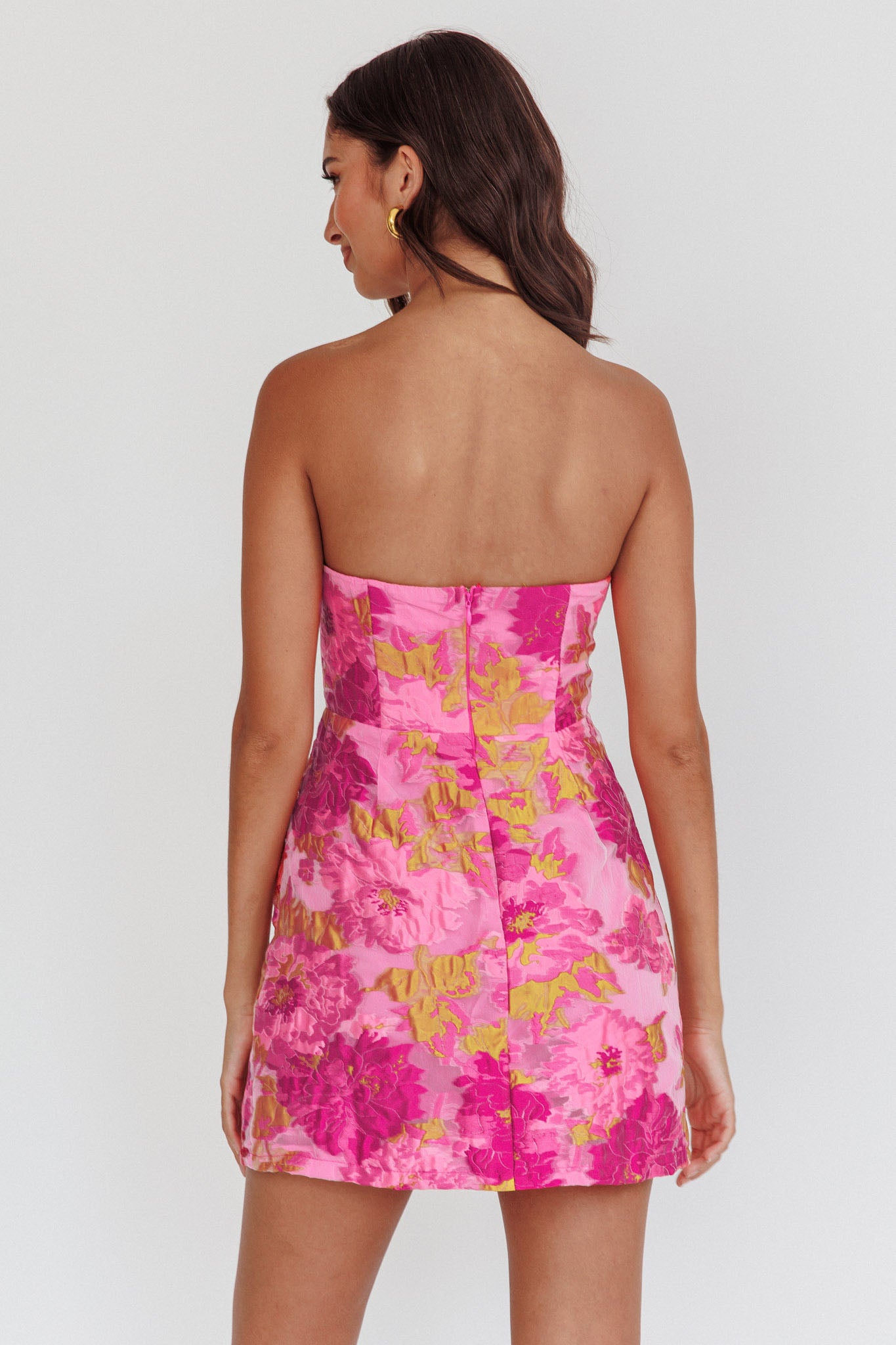 Marlina Strapless Jacquard Mini Dress Pink-Fable Dress