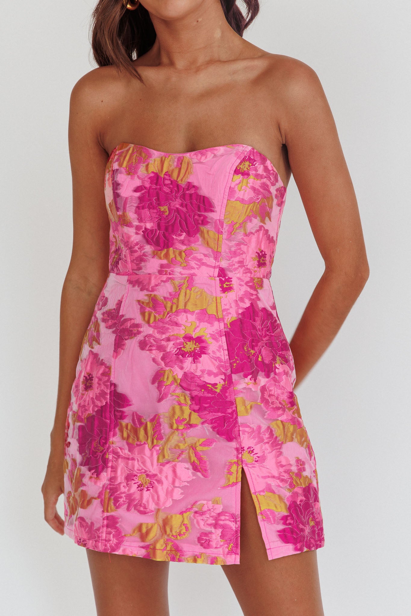 Marlina Strapless Jacquard Mini Dress Pink-Fable Dress