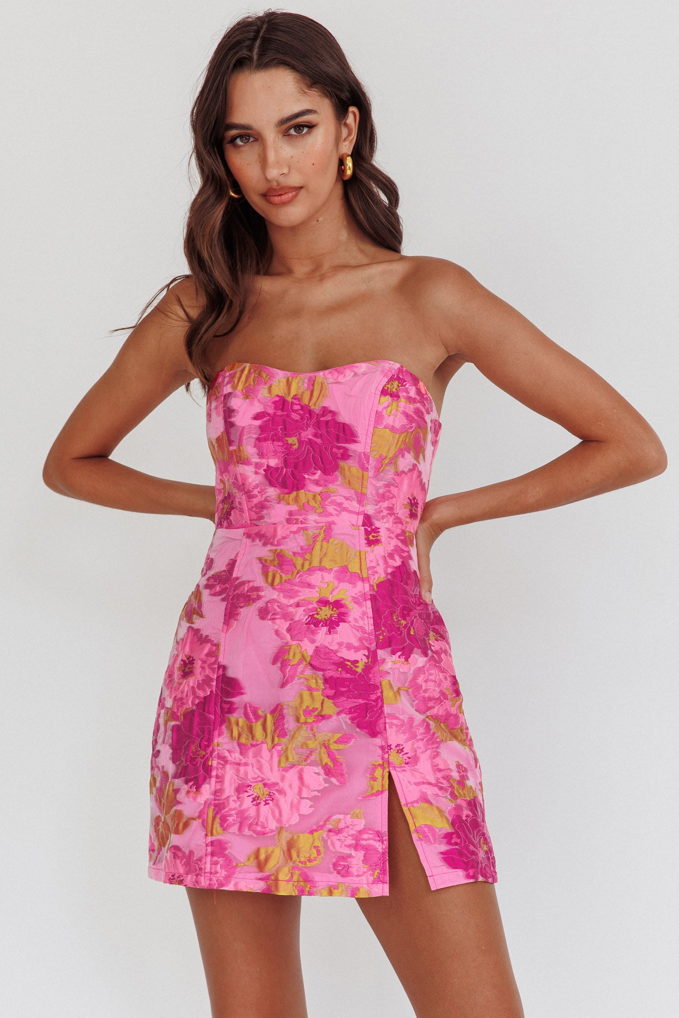 Marlina Strapless Jacquard Mini Dress Pink-Fable Dress