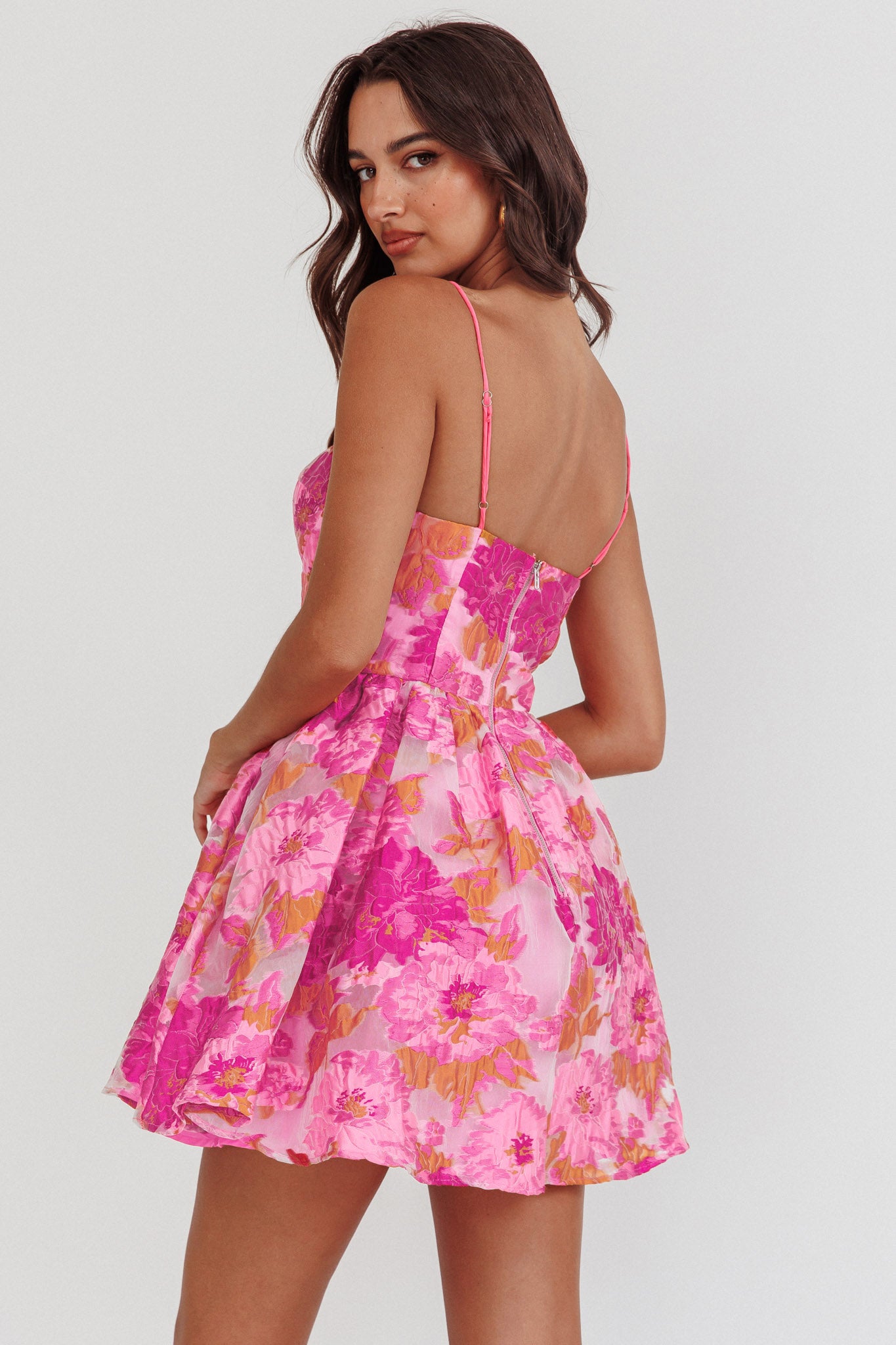 Belle Enchante Cami Strap Jacquard Mini Dress Pink-Fable Dress