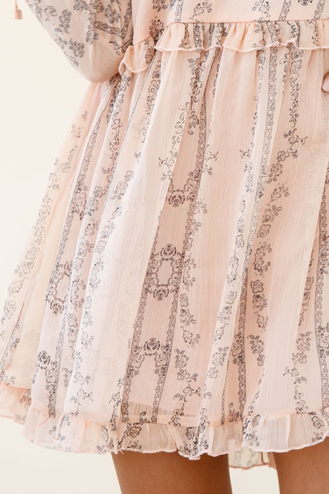 Marion Long Sleeve Shift Dress Vintage Floral Print Nude-Fable Dress