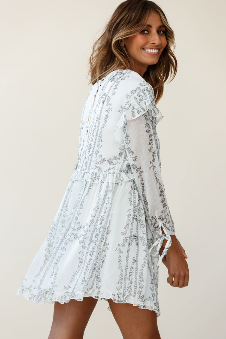 Marion Long Sleeve Shift Dress Vintage Floral Print White-Fable Dress