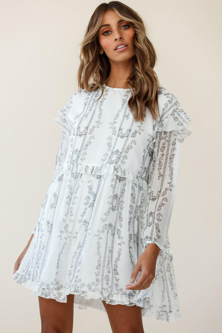 Marion Long Sleeve Shift Dress Vintage Floral Print White-Fable Dress