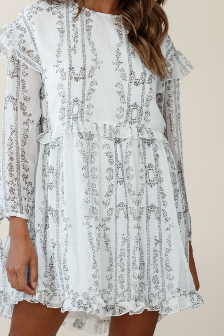 Marion Long Sleeve Shift Dress Vintage Floral Print White-Fable Dress