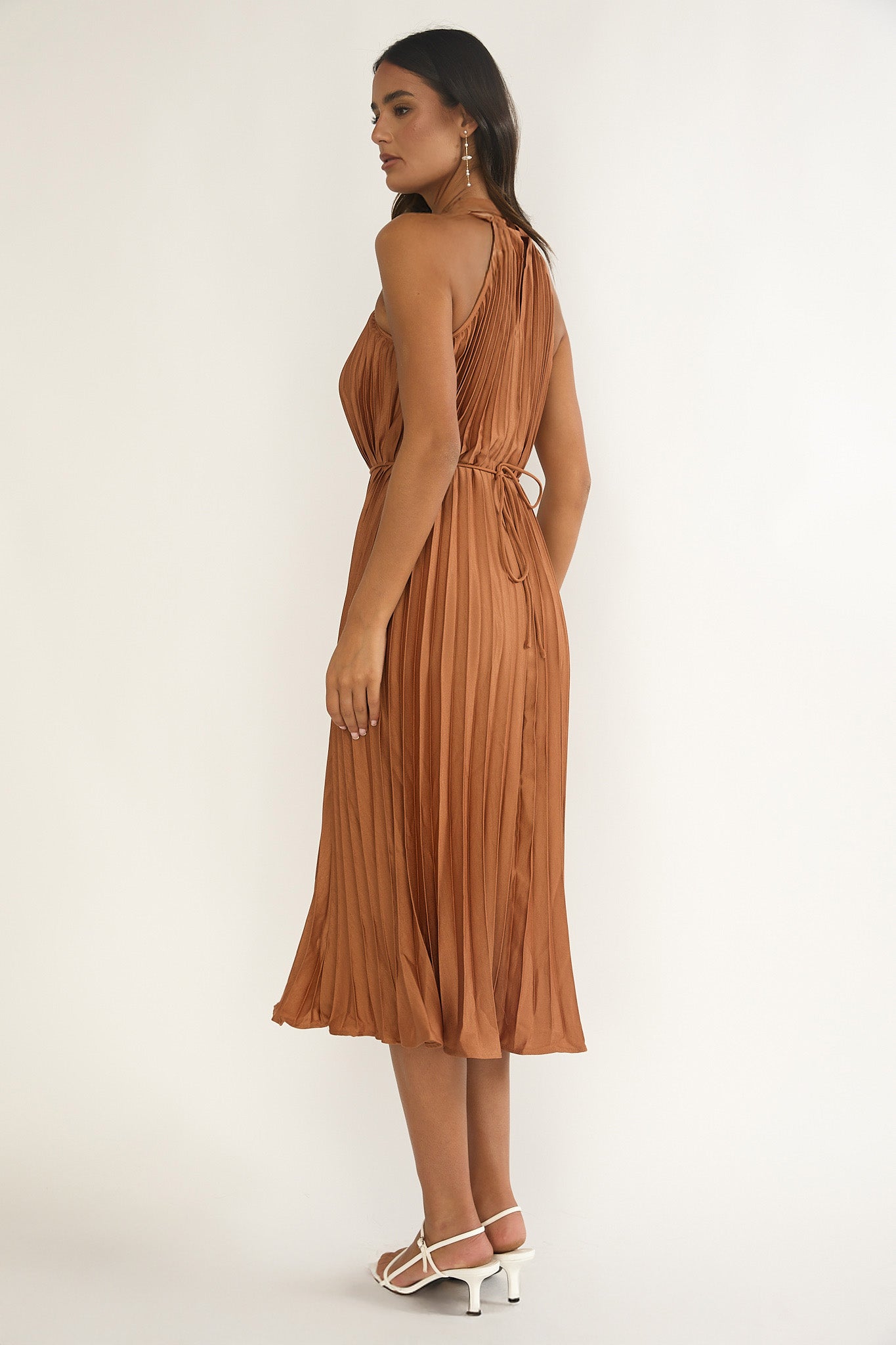 Sharaya Accordion Pleat Midi Dress Mocha-Fable Dress