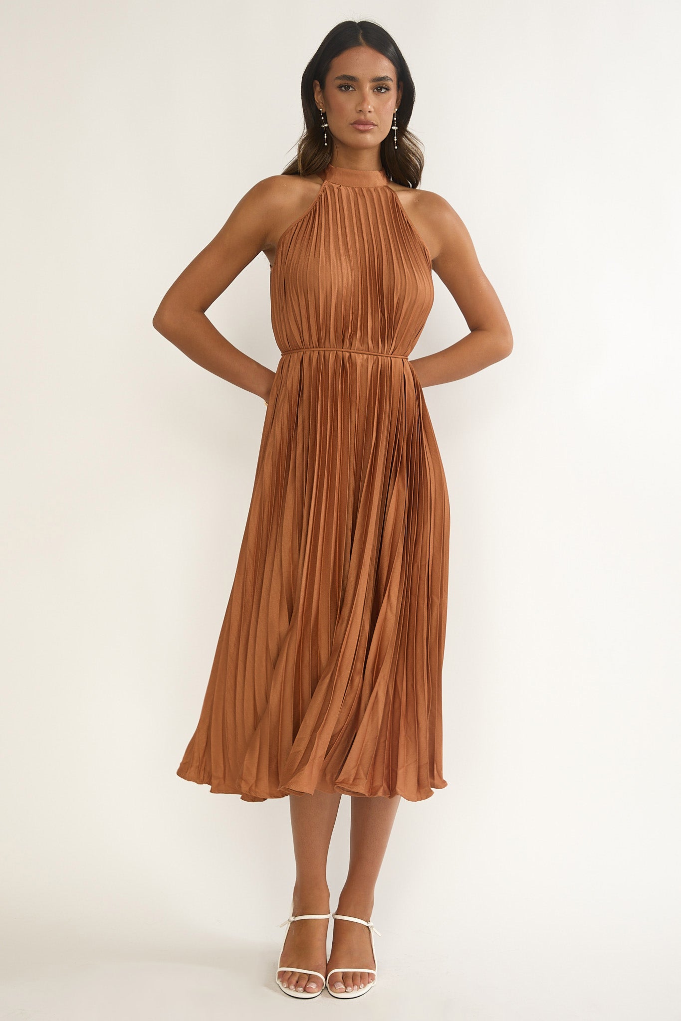 Sharaya Accordion Pleat Midi Dress Mocha-Fable Dress