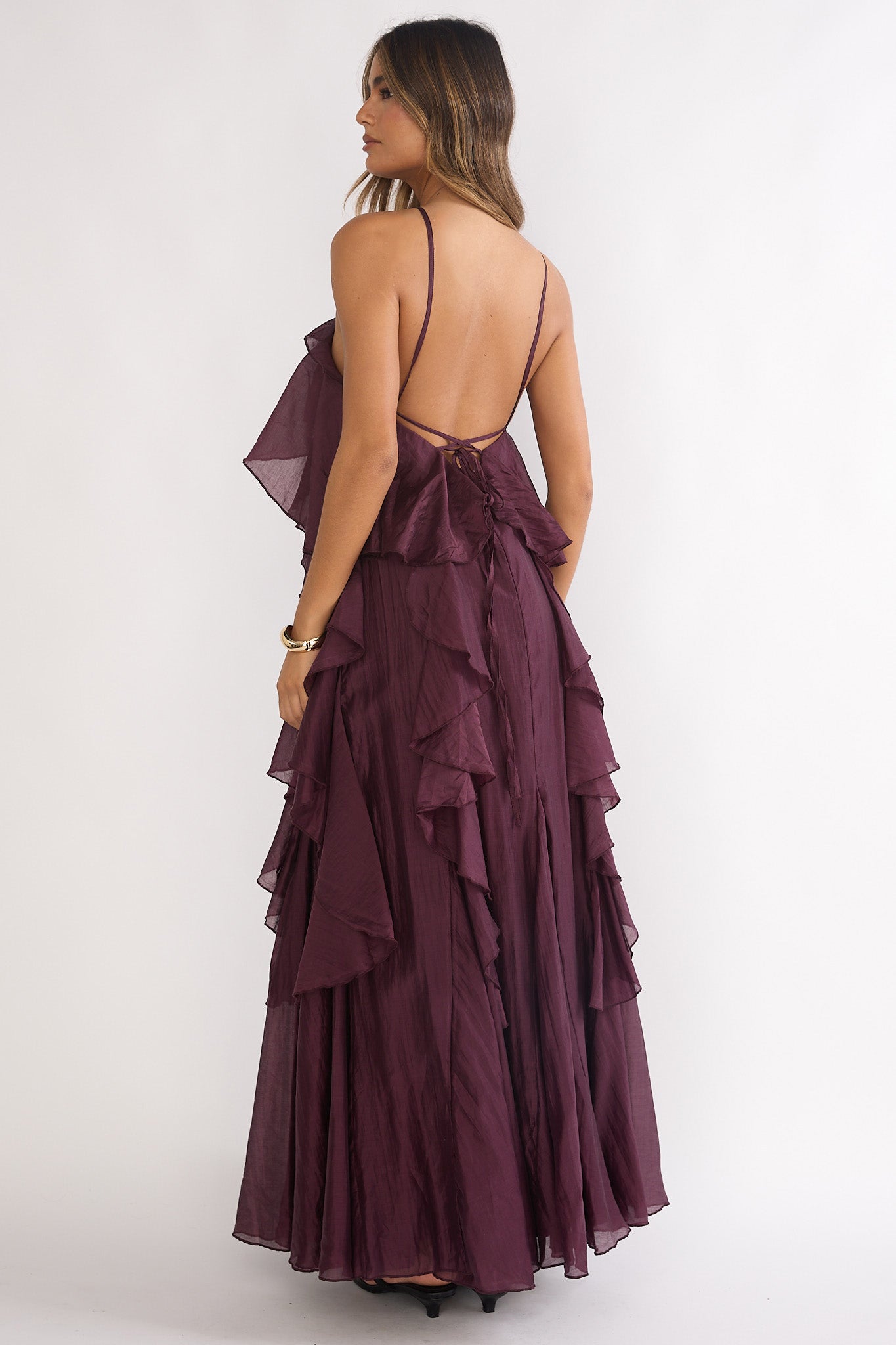 Secret Rendezvous Layered Ruffle Maxi Dress Maroon-Fable Dress
