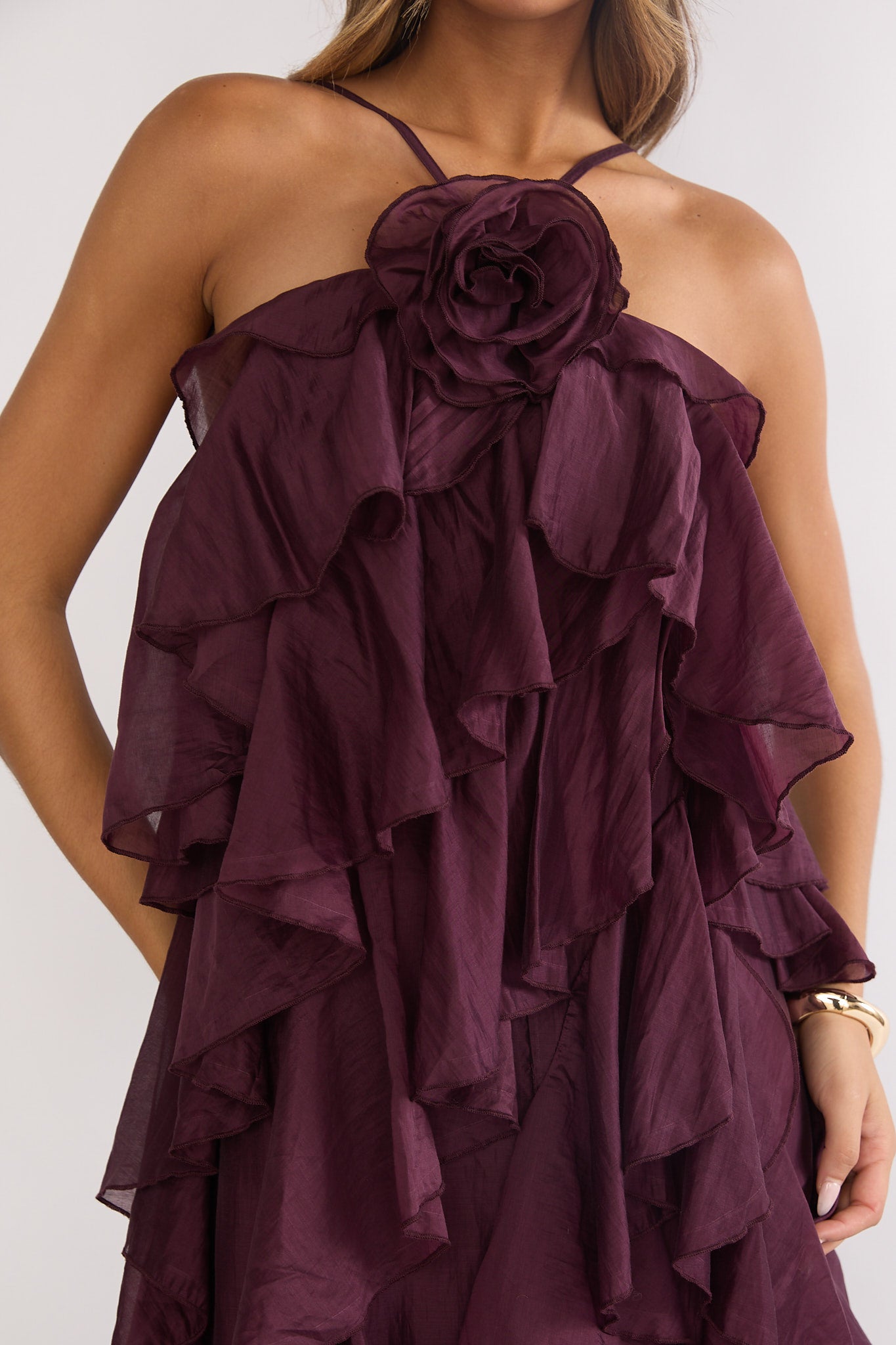 Secret Rendezvous Layered Ruffle Maxi Dress Maroon-Fable Dress