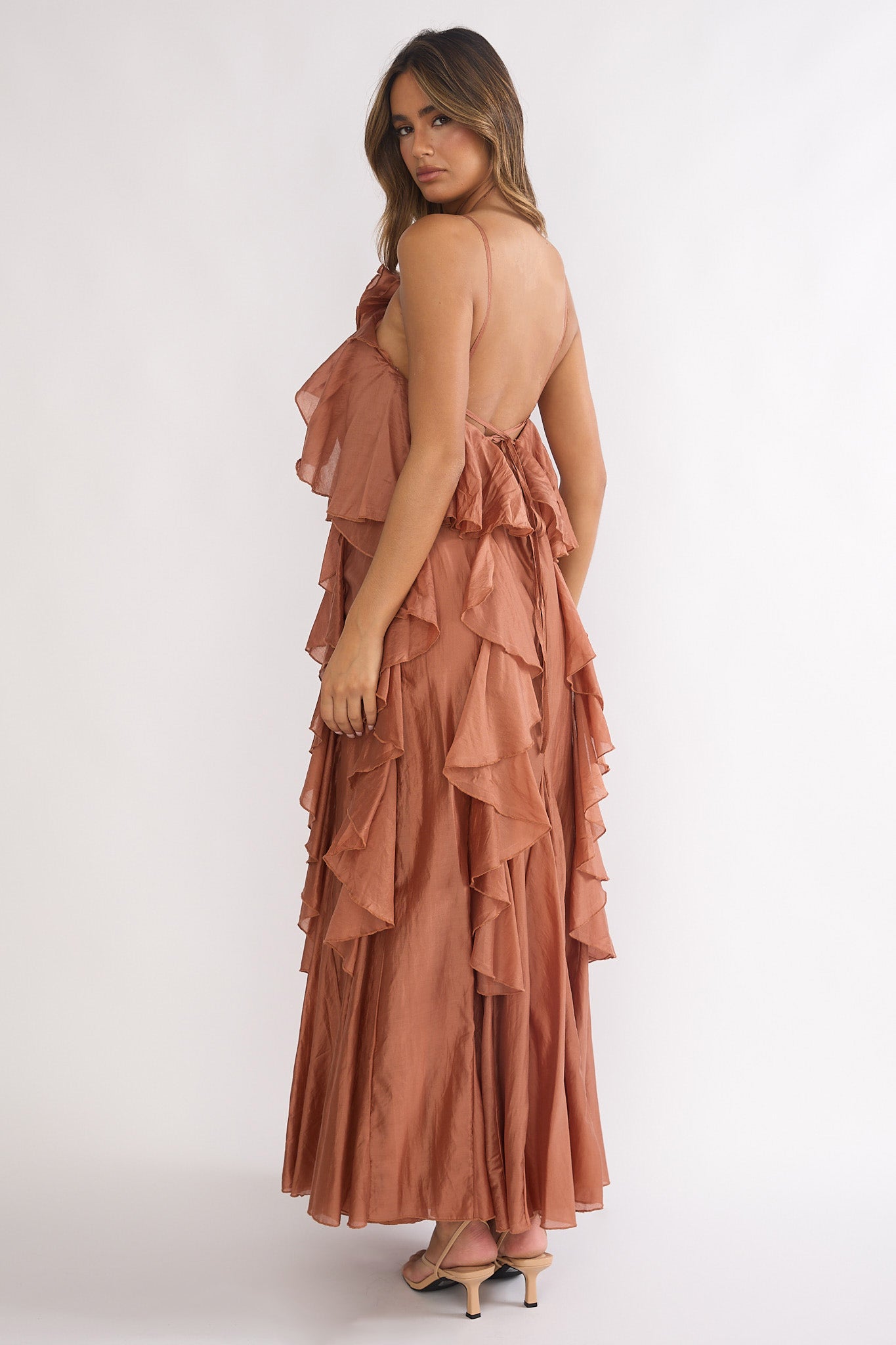 Secret Rendezvous Layered Ruffle Maxi Dress Rust-Fable Dress