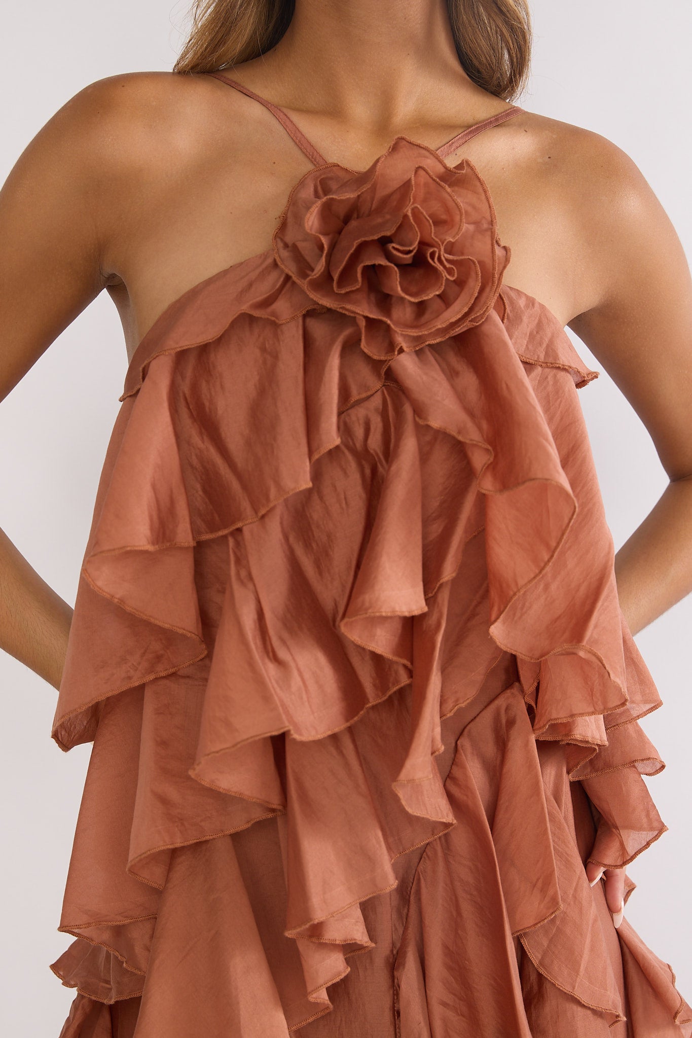 Secret Rendezvous Layered Ruffle Maxi Dress Rust-Fable Dress