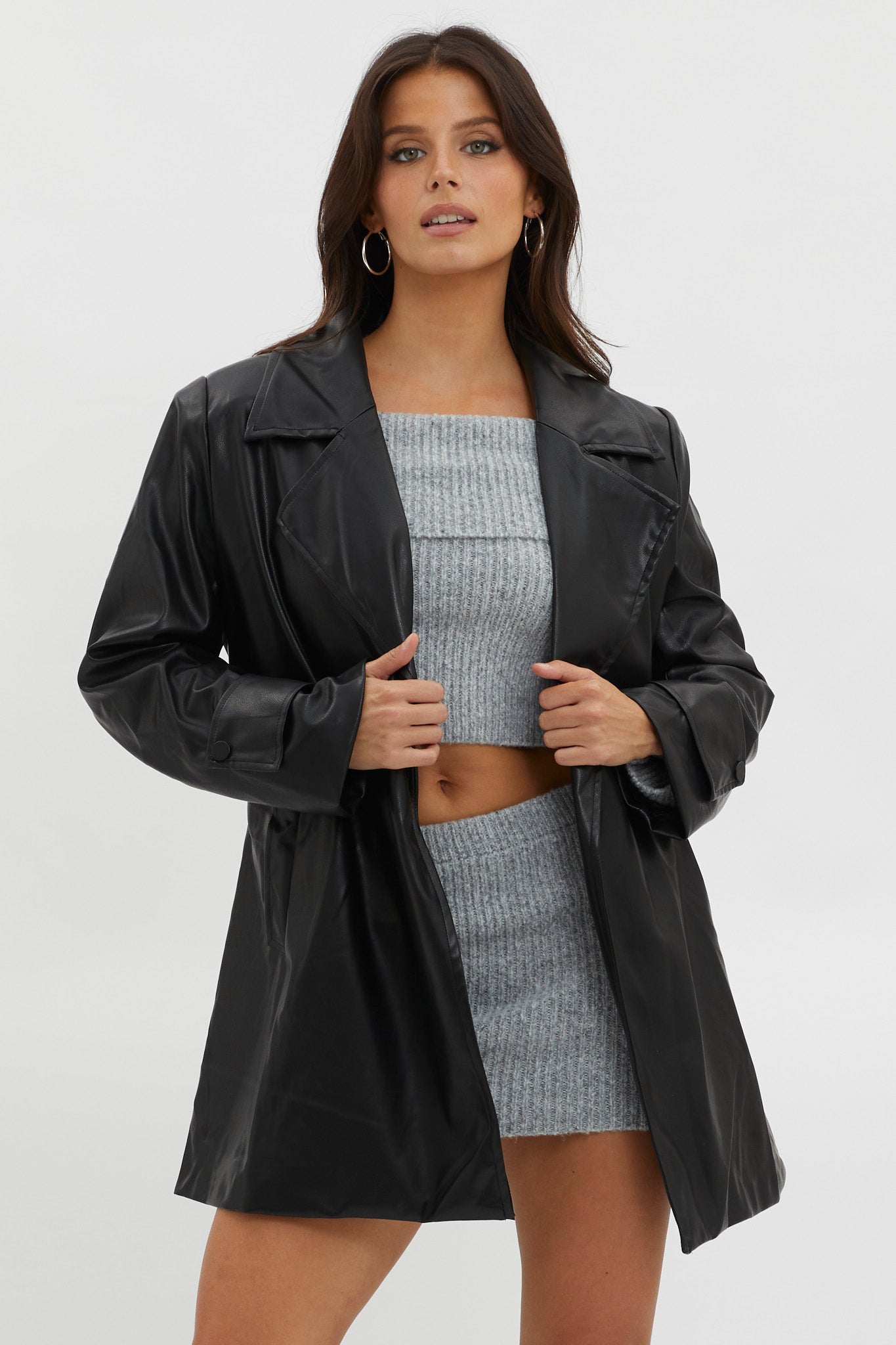 Casanova Girl Faux Leather Trench Coat Jacket Black-Fable Dress