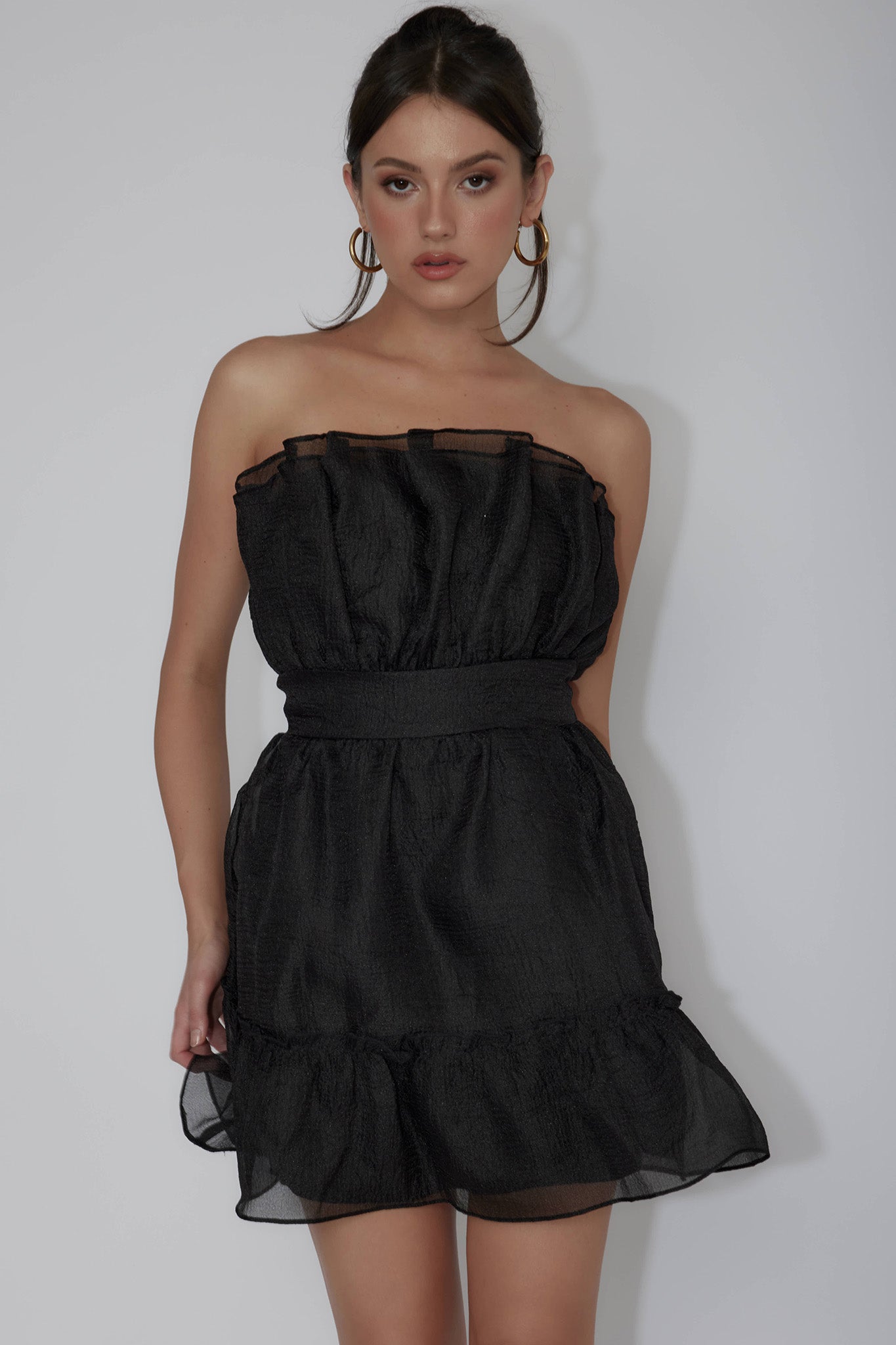 Marisela Strapless Frill Hem Mini Dress Black-Fable Dress