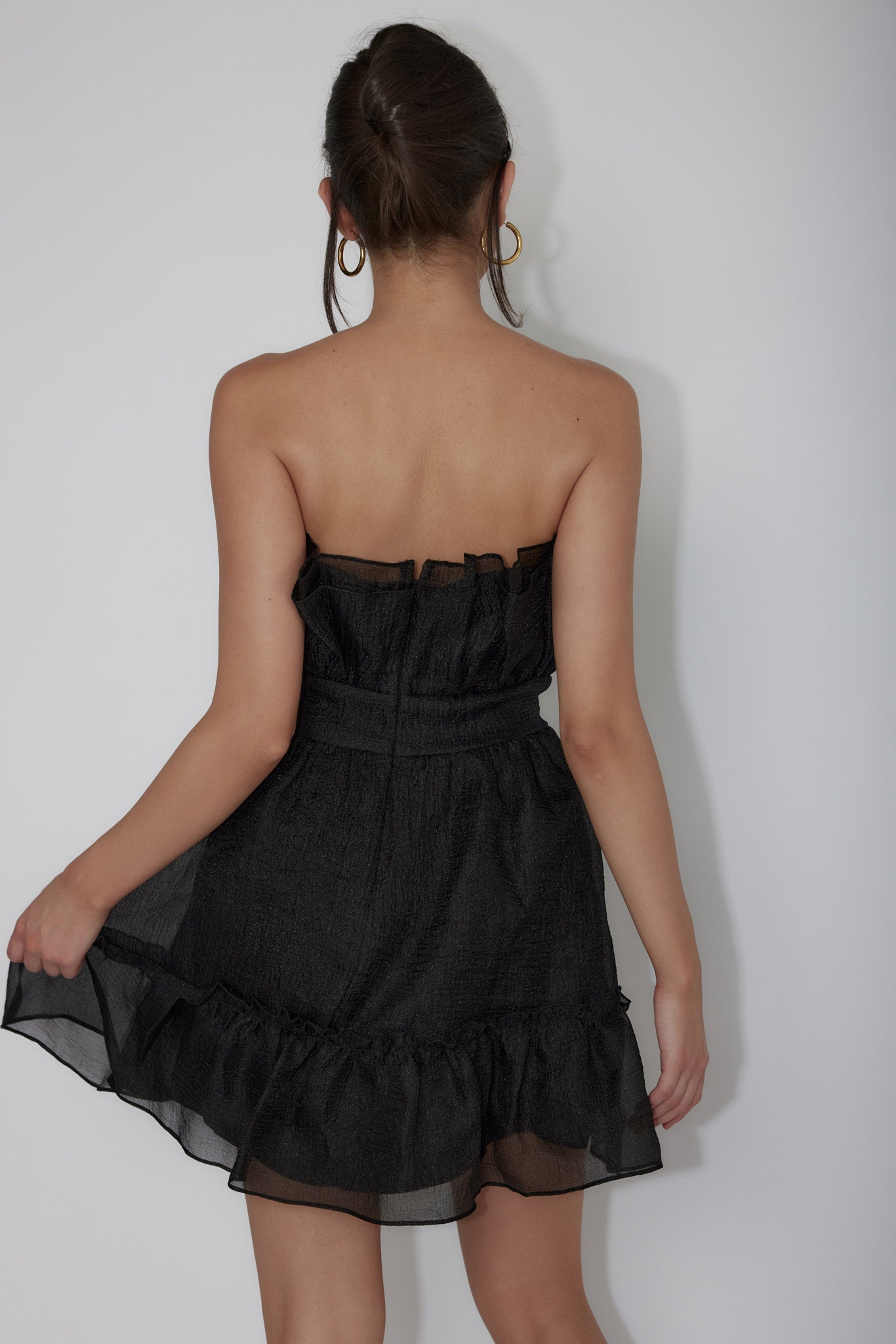 Marisela Strapless Frill Hem Mini Dress Black-Fable Dress