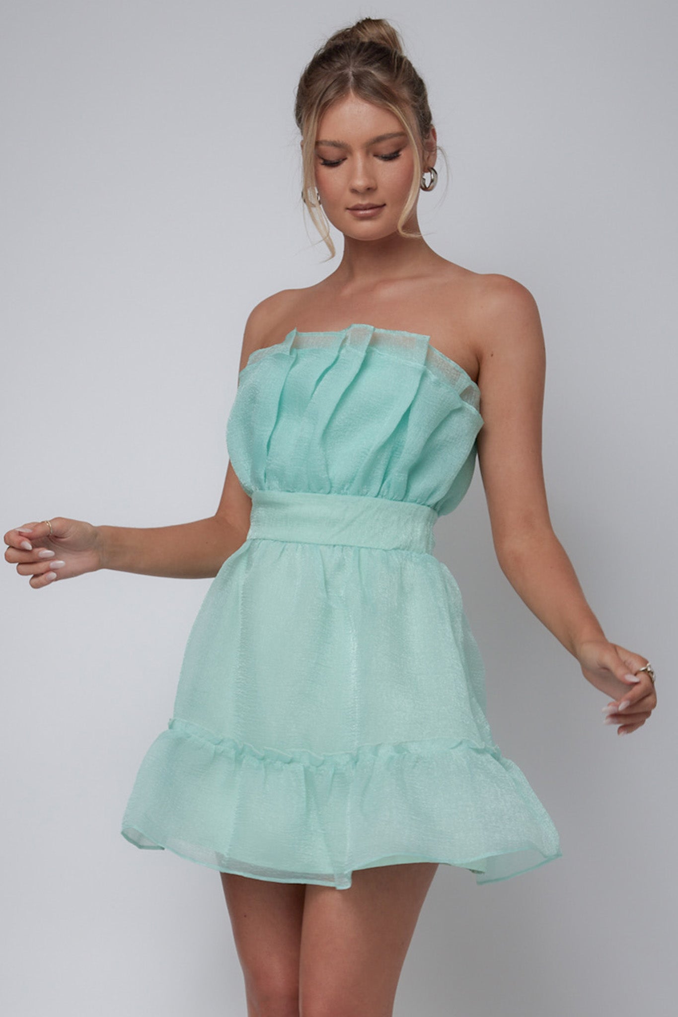 Marisela Strapless Frill Hem Mini Dress Mint-Fable Dress