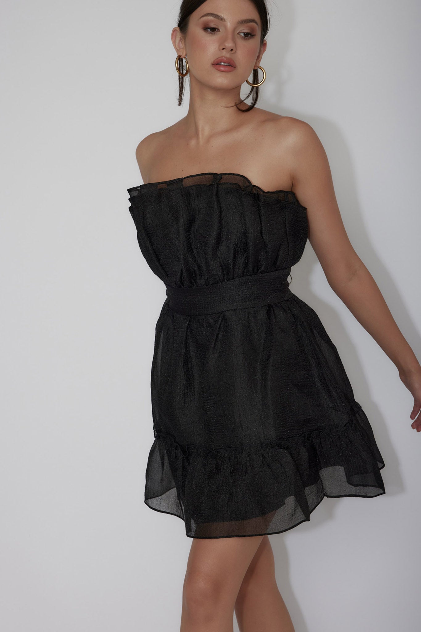 Marisela Strapless Frill Hem Mini Dress Black-Fable Dress