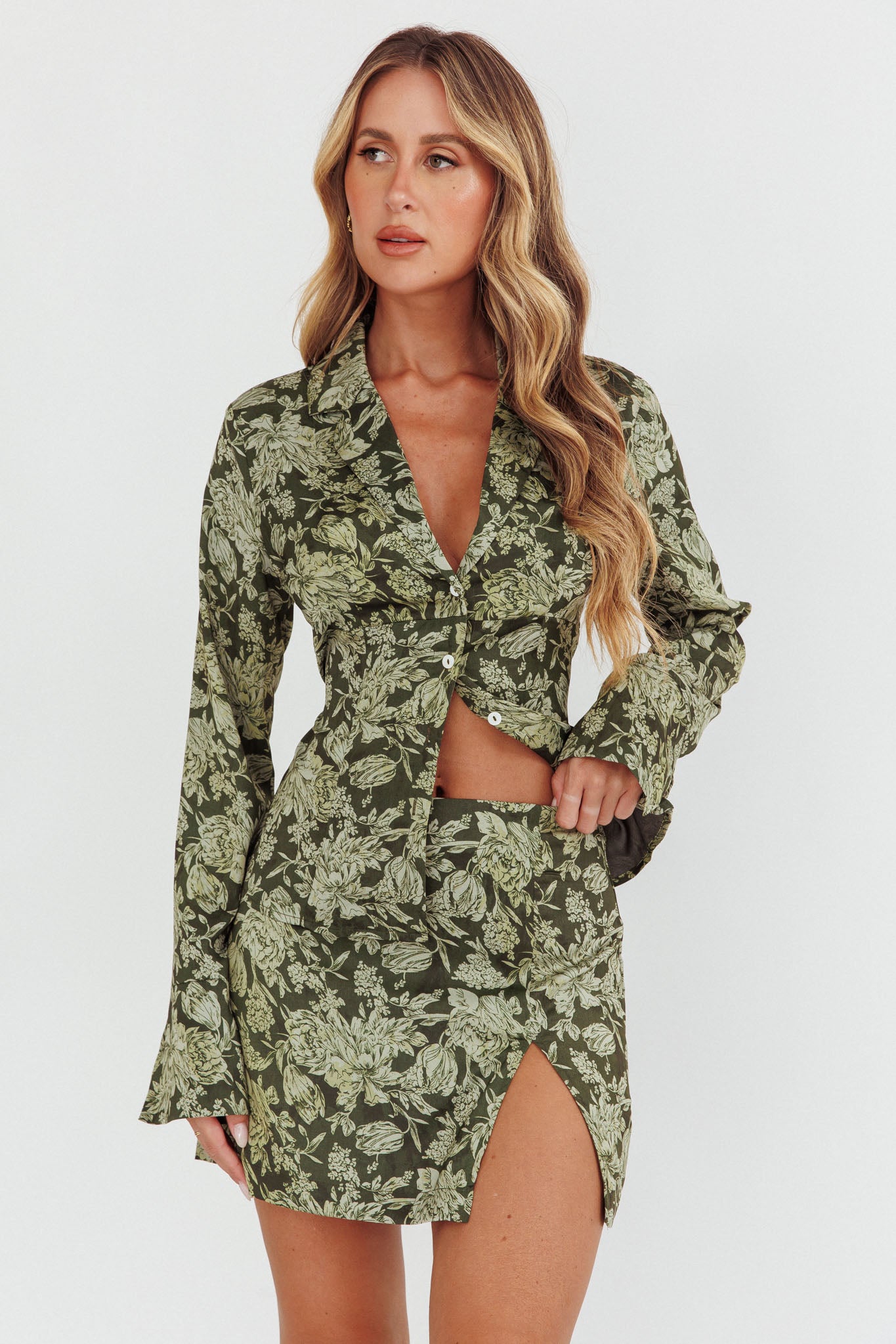 Caledonia Collared Button-Up Satin Shirt Floral Olive-Fable Dress